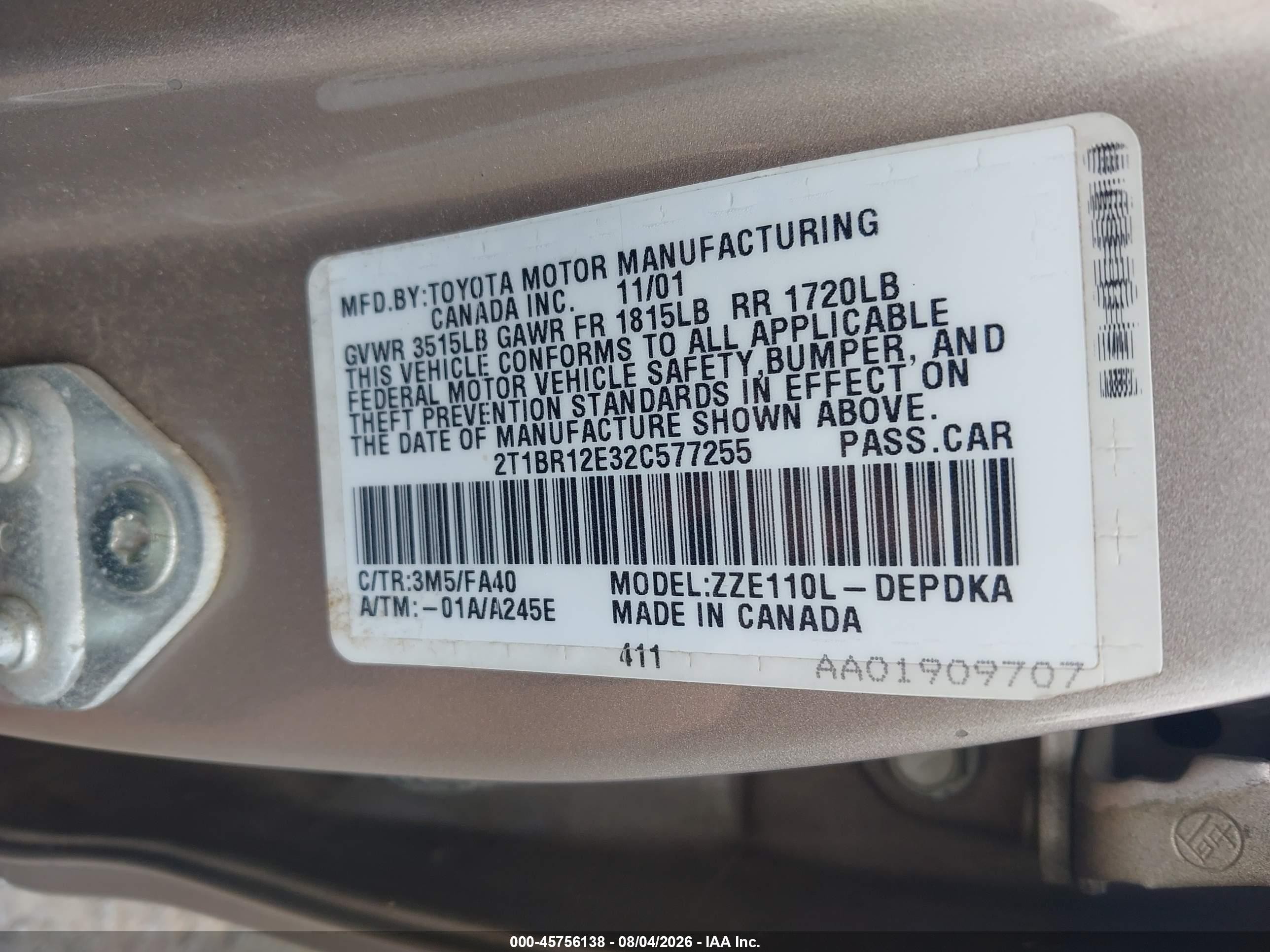 2002 Toyota Corolla Le Gray vin: 2T1BR12E32C577255