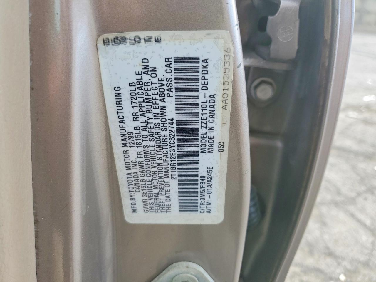2000 Toyota Corolla Ve Silver vin: 2T1BR12E3YC322744