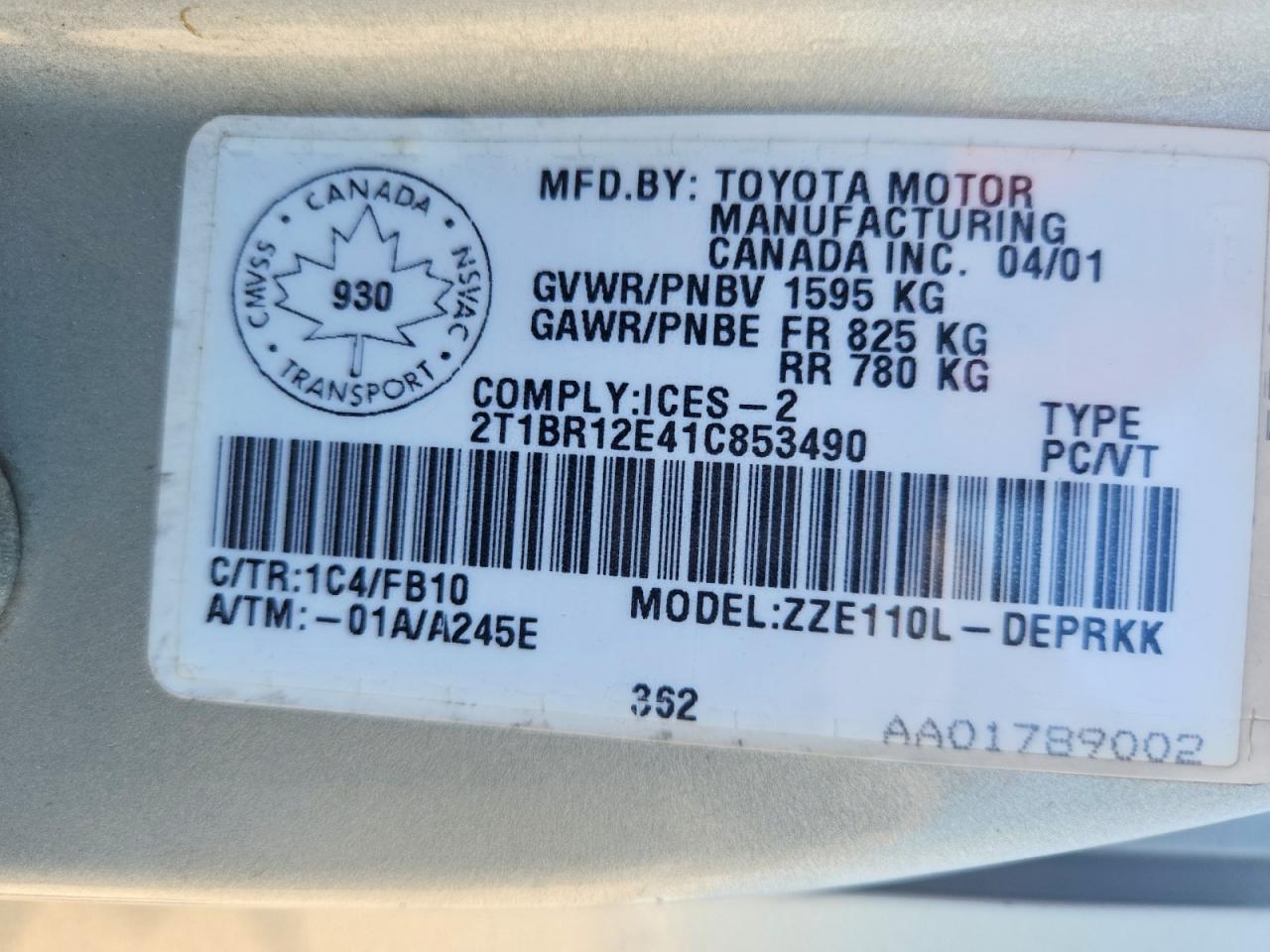 2001 Toyota Corolla Ce Silver vin: 2T1BR12E41C853490