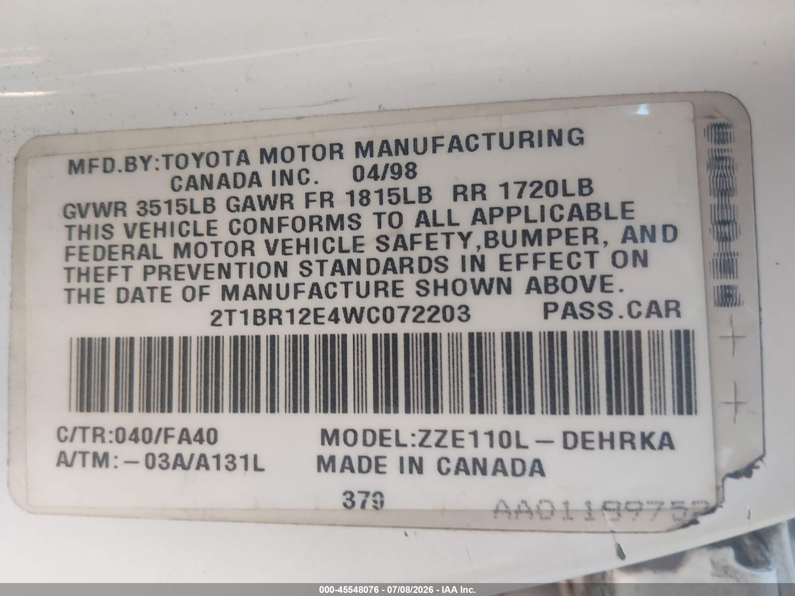 1998 Toyota Corolla Ve Белый vin: 2T1BR12E4WC072203