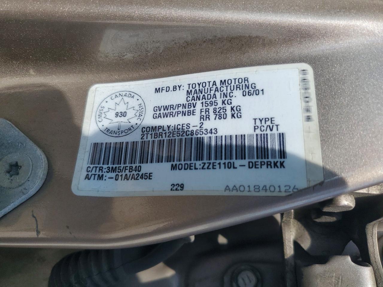 2002 Toyota Corolla Ce Желто-коричневый vin: 2T1BR12E52C865343