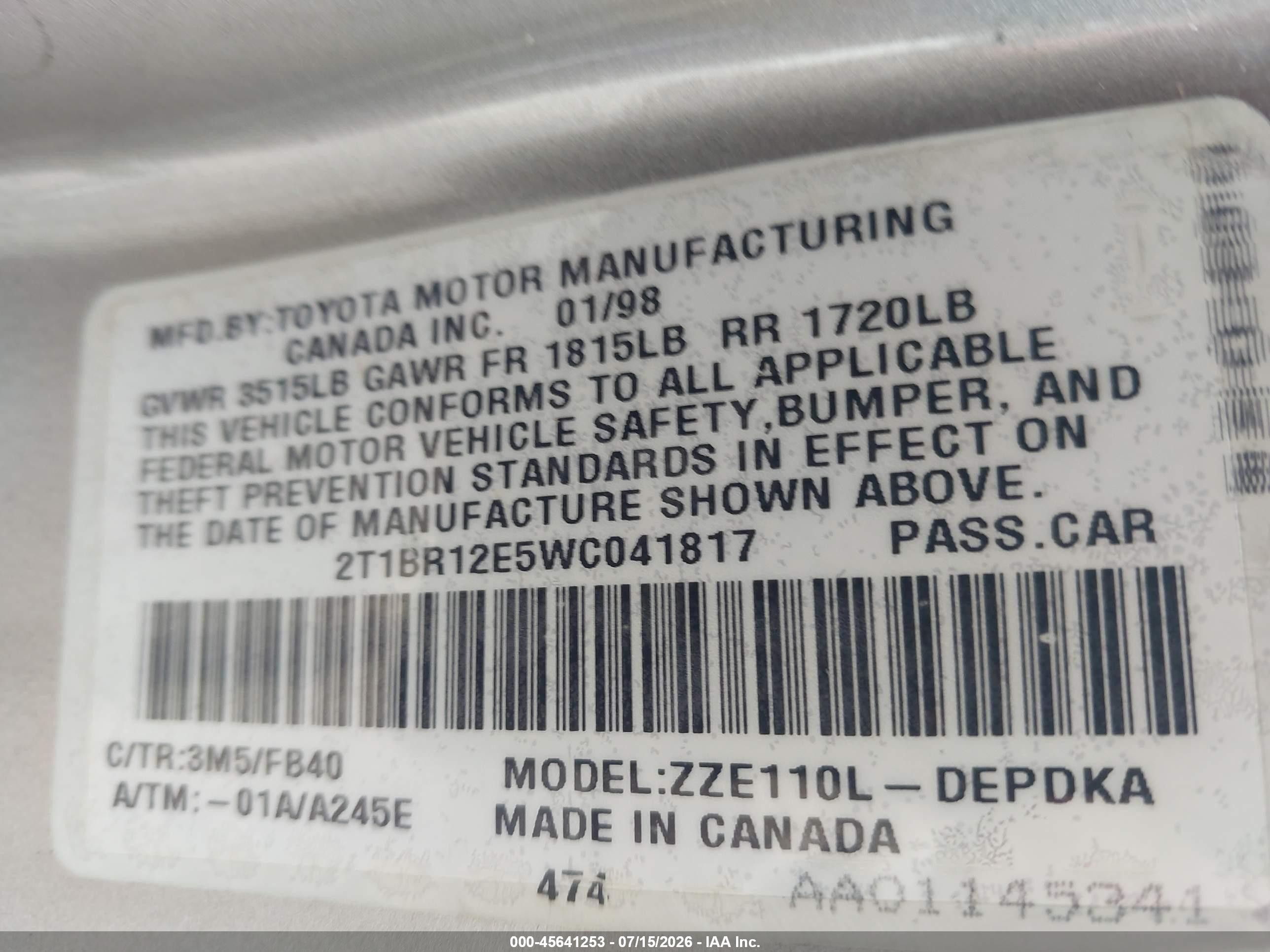 1998 Toyota Corolla Ce Silver vin: 2T1BR12E5WC041817