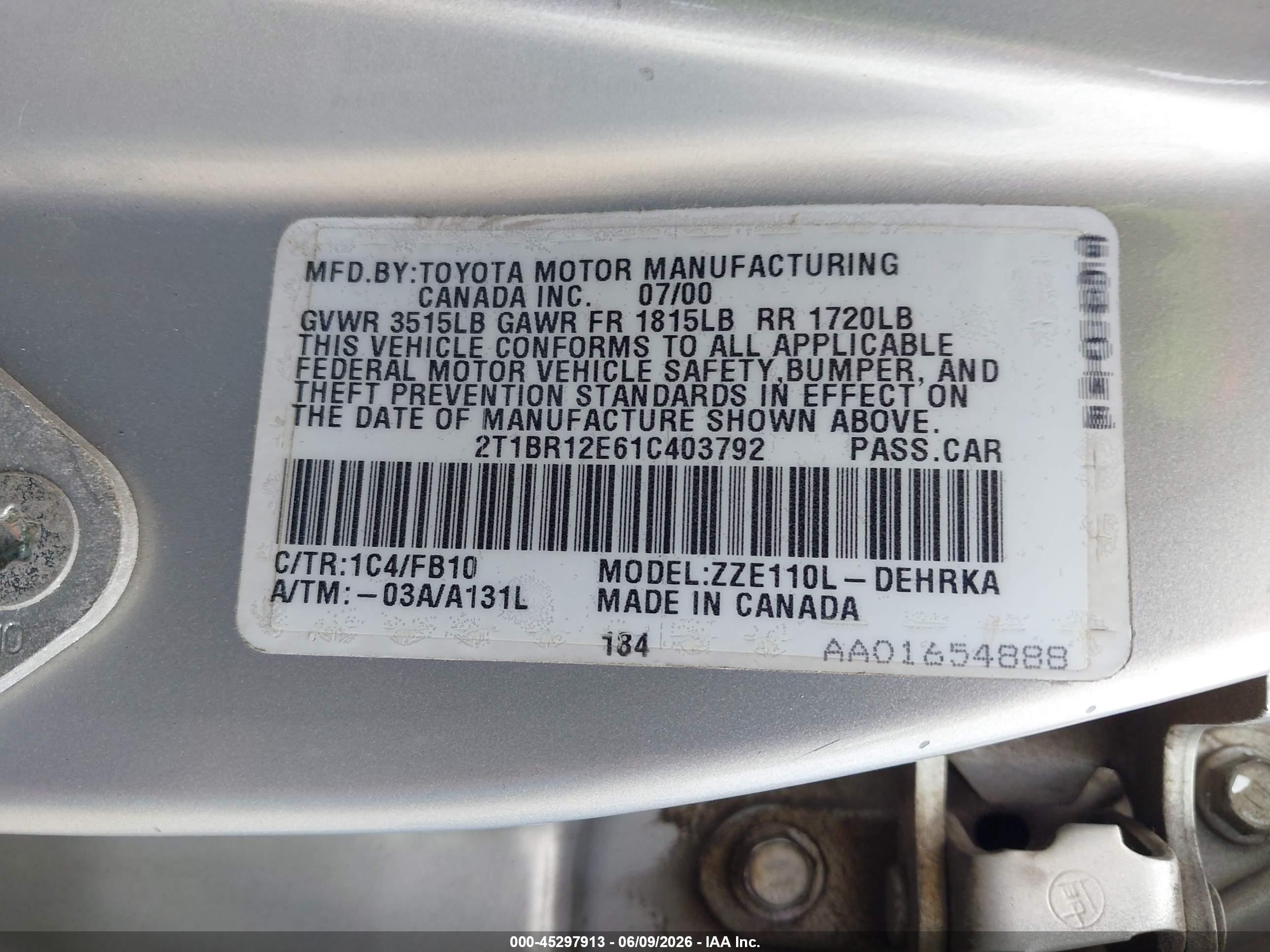 2001 Toyota Corolla Ce Silver vin: 2T1BR12E61C403792