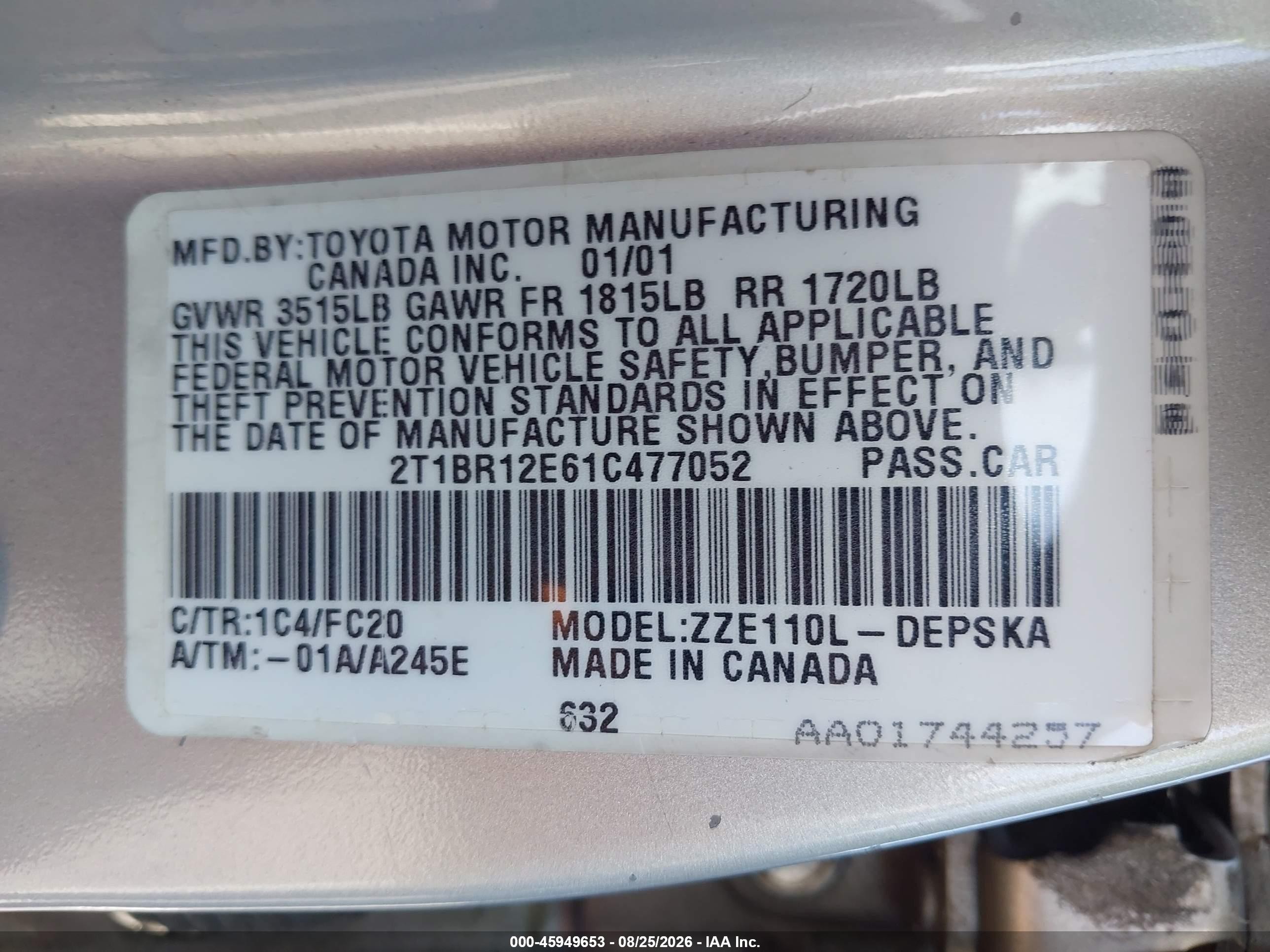 2001 Toyota Corolla S Серебряный vin: 2T1BR12E61C477052