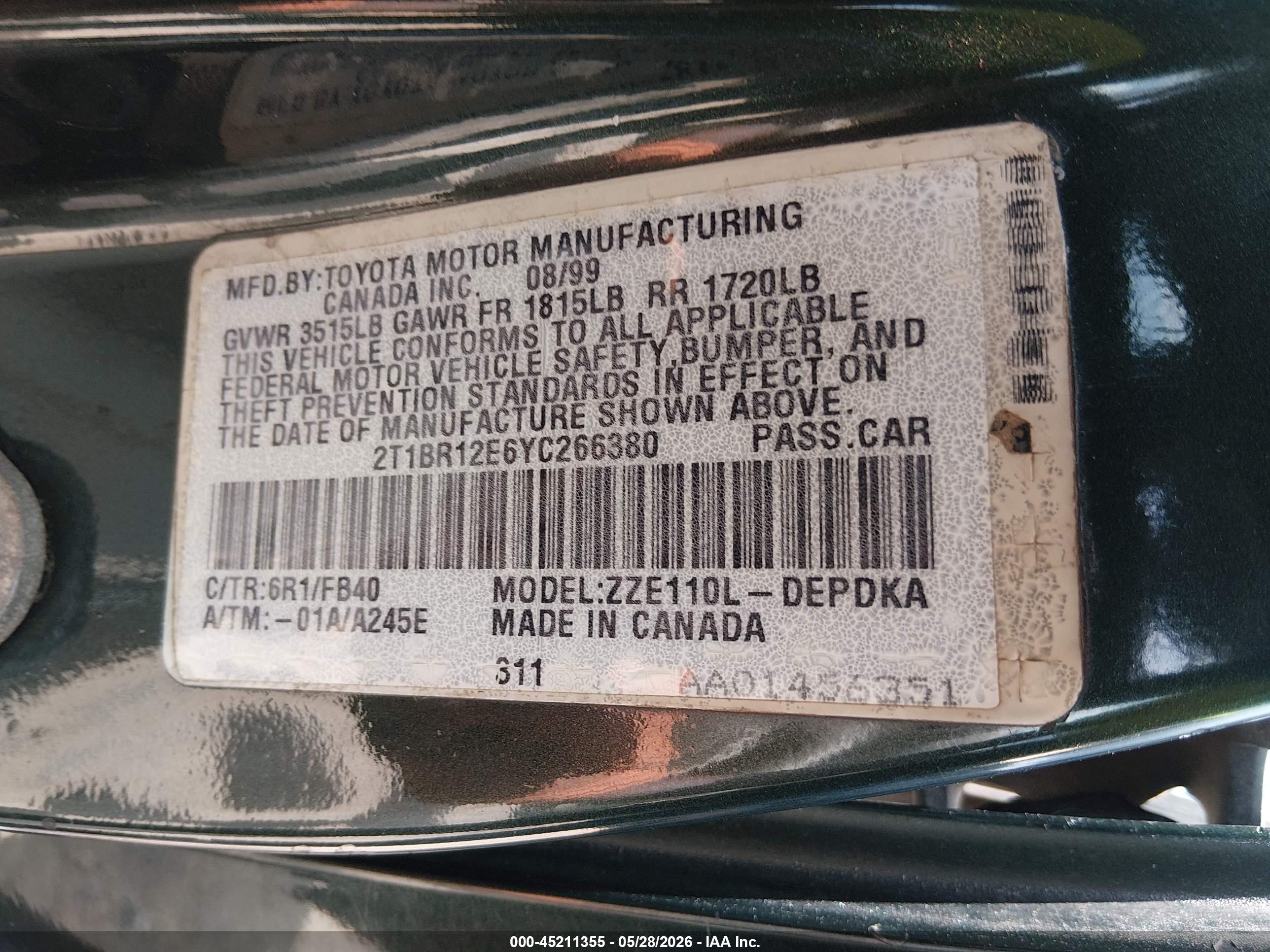 2000 Toyota Corolla Ce Зеленый vin: 2T1BR12E6YC266380