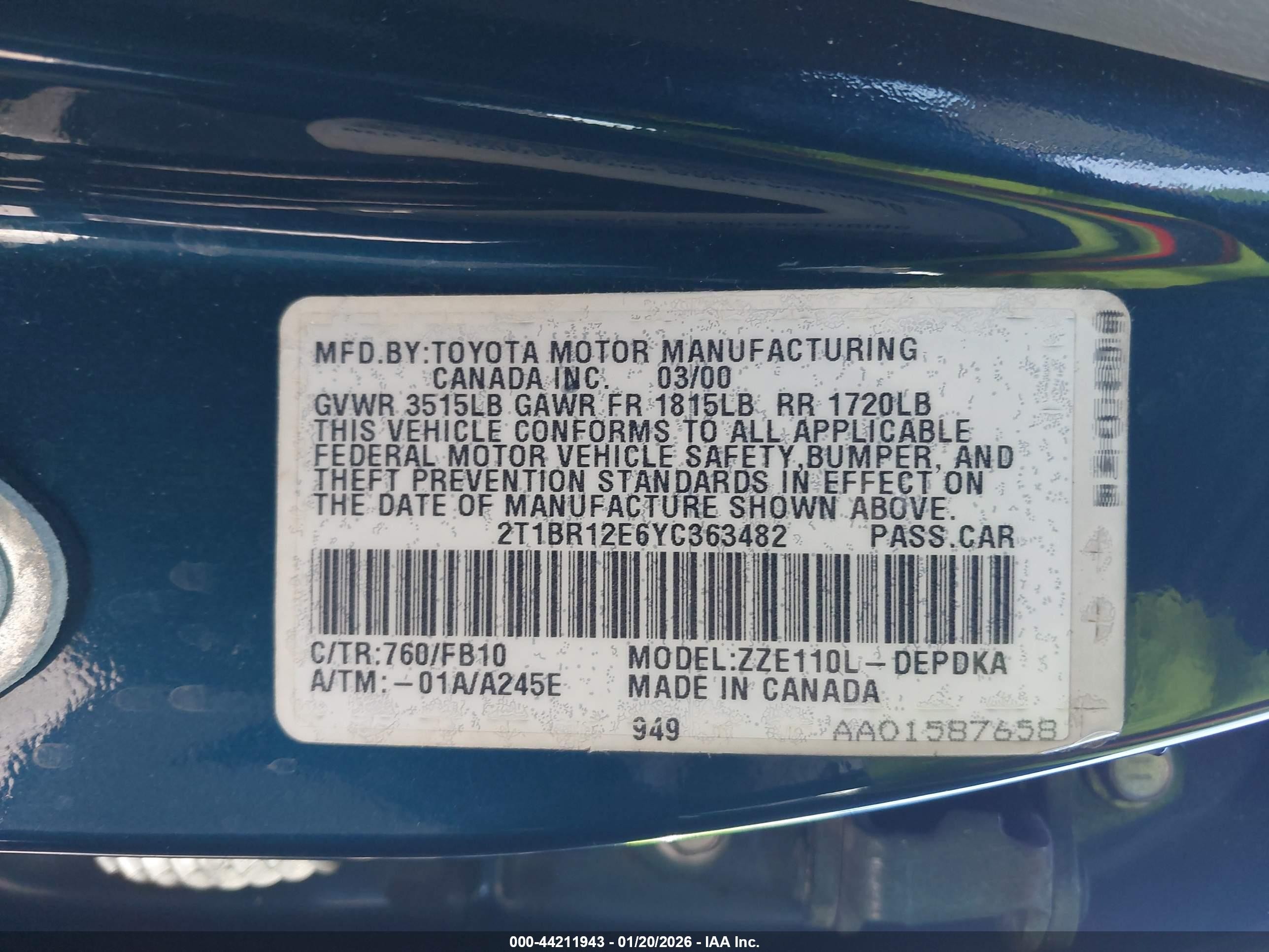 2000 Toyota Corolla Ce Blue vin: 2T1BR12E6YC363482