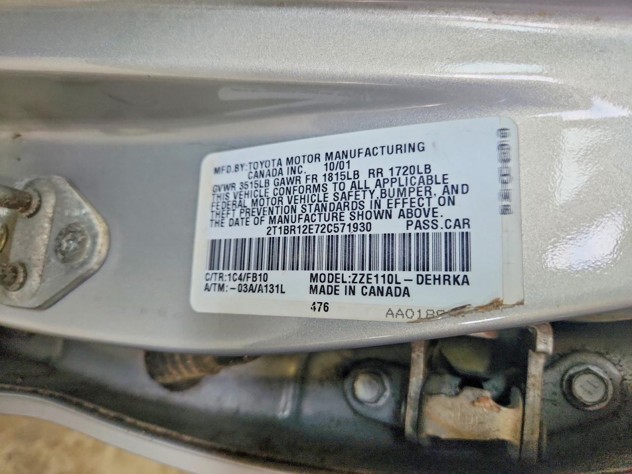 2002 Toyota Corolla Silver vin: 2T1BR12E72C571930
