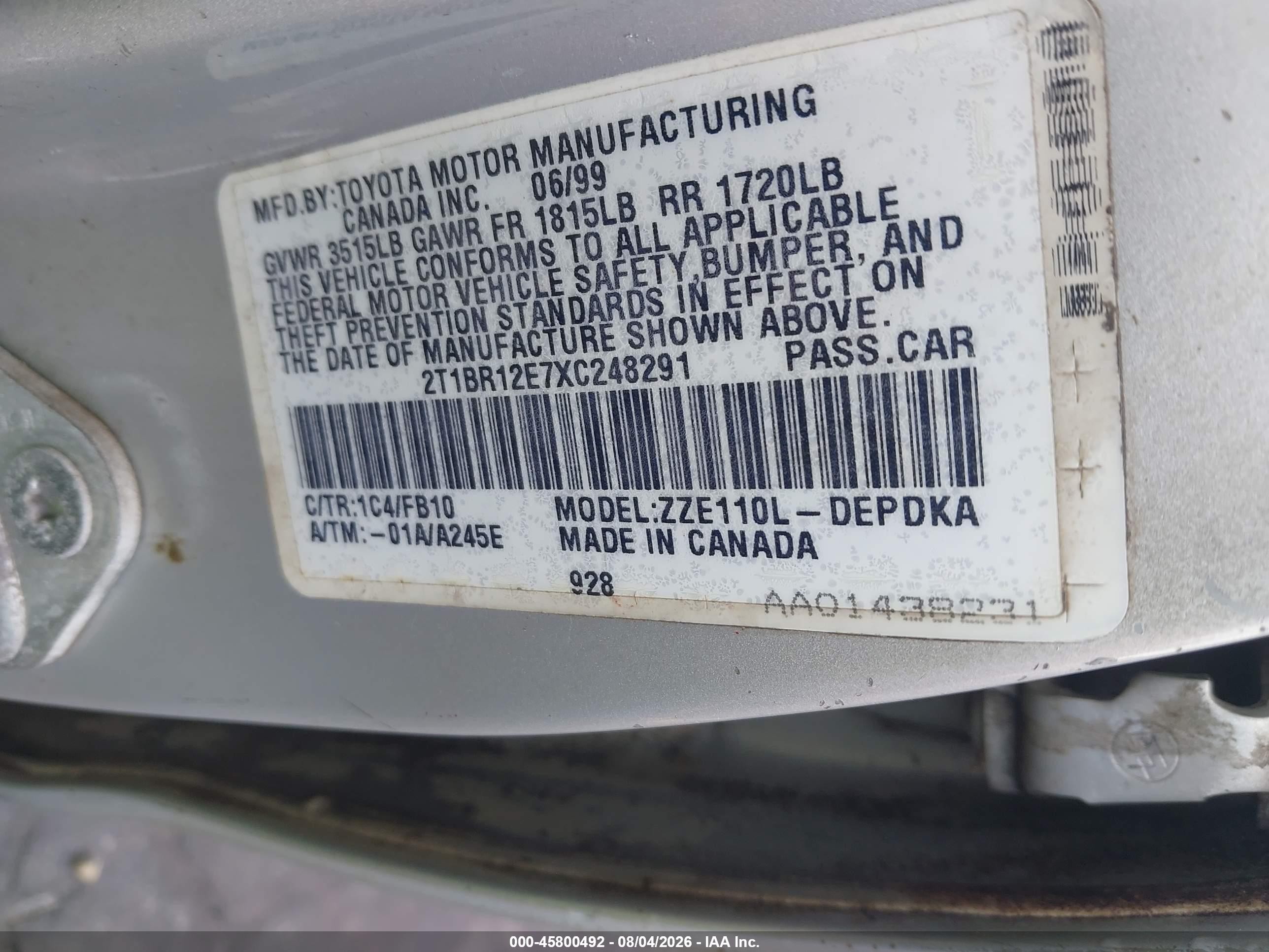 1999 Toyota Corolla Ce Silver vin: 2T1BR12E7XC248291