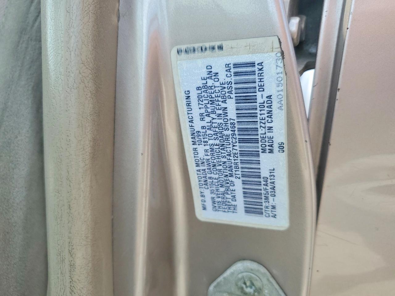 2000 Toyota Corolla Ve Gray vin: 2T1BR12E7YC294687