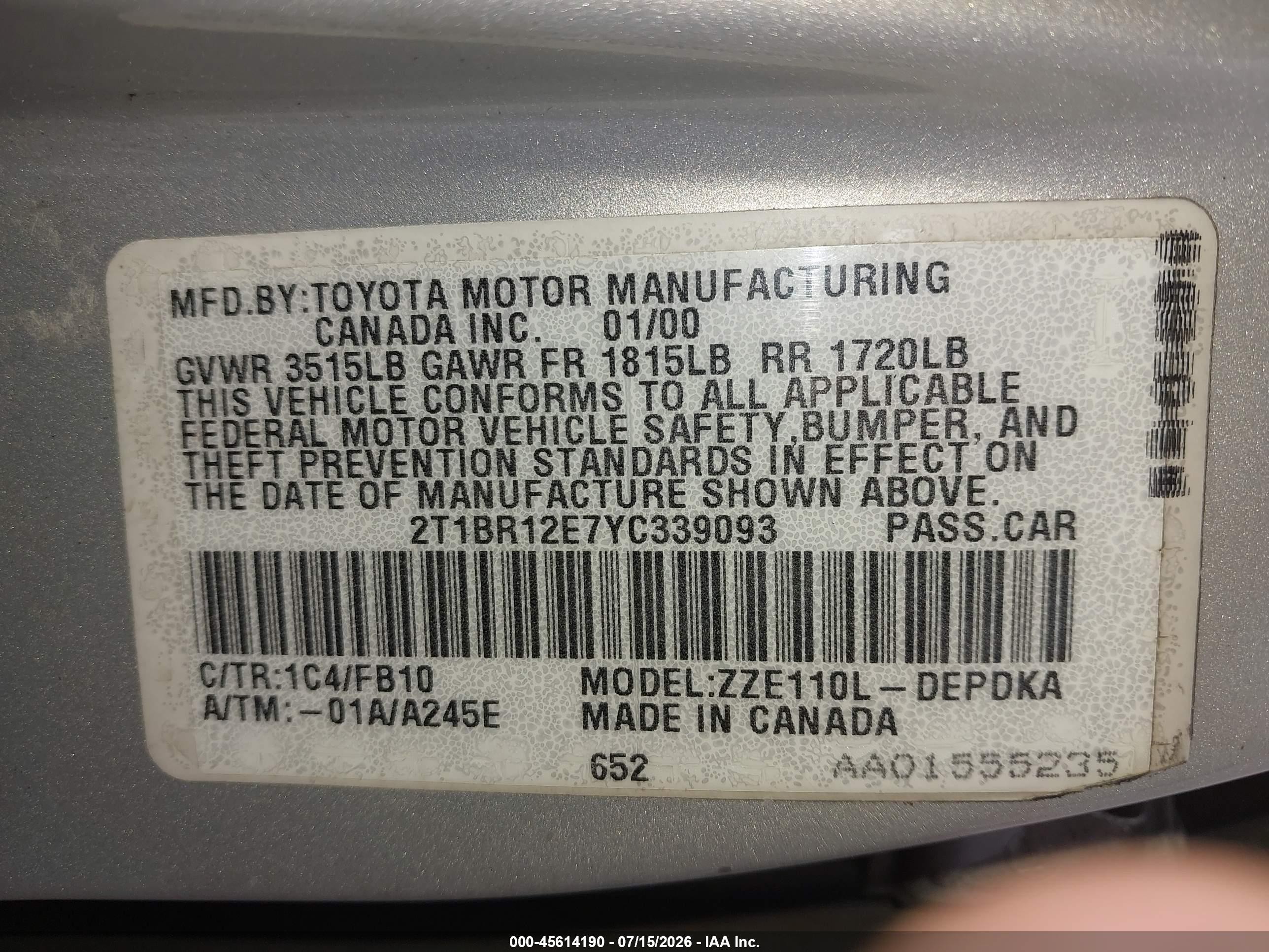 2000 Toyota Corolla Ce Tan vin: 2T1BR12E7YC339093
