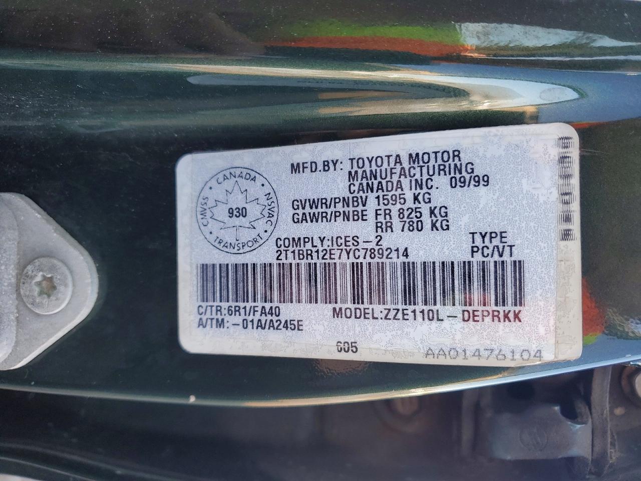 2000 Toyota Corolla Ve Green vin: 2T1BR12E7YC789214