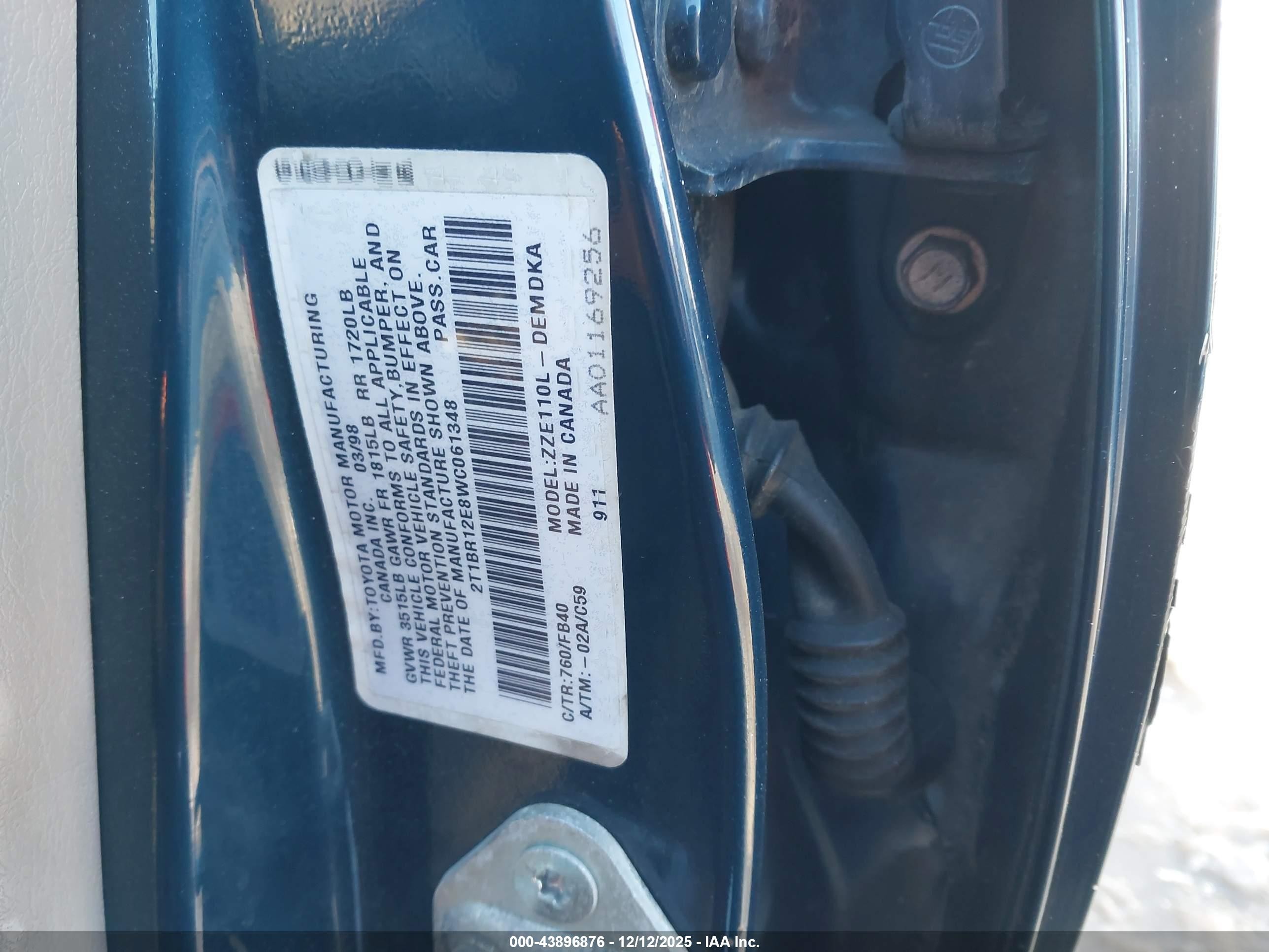 1998 Toyota Corolla Ce Blue vin: 2T1BR12E8WC061348