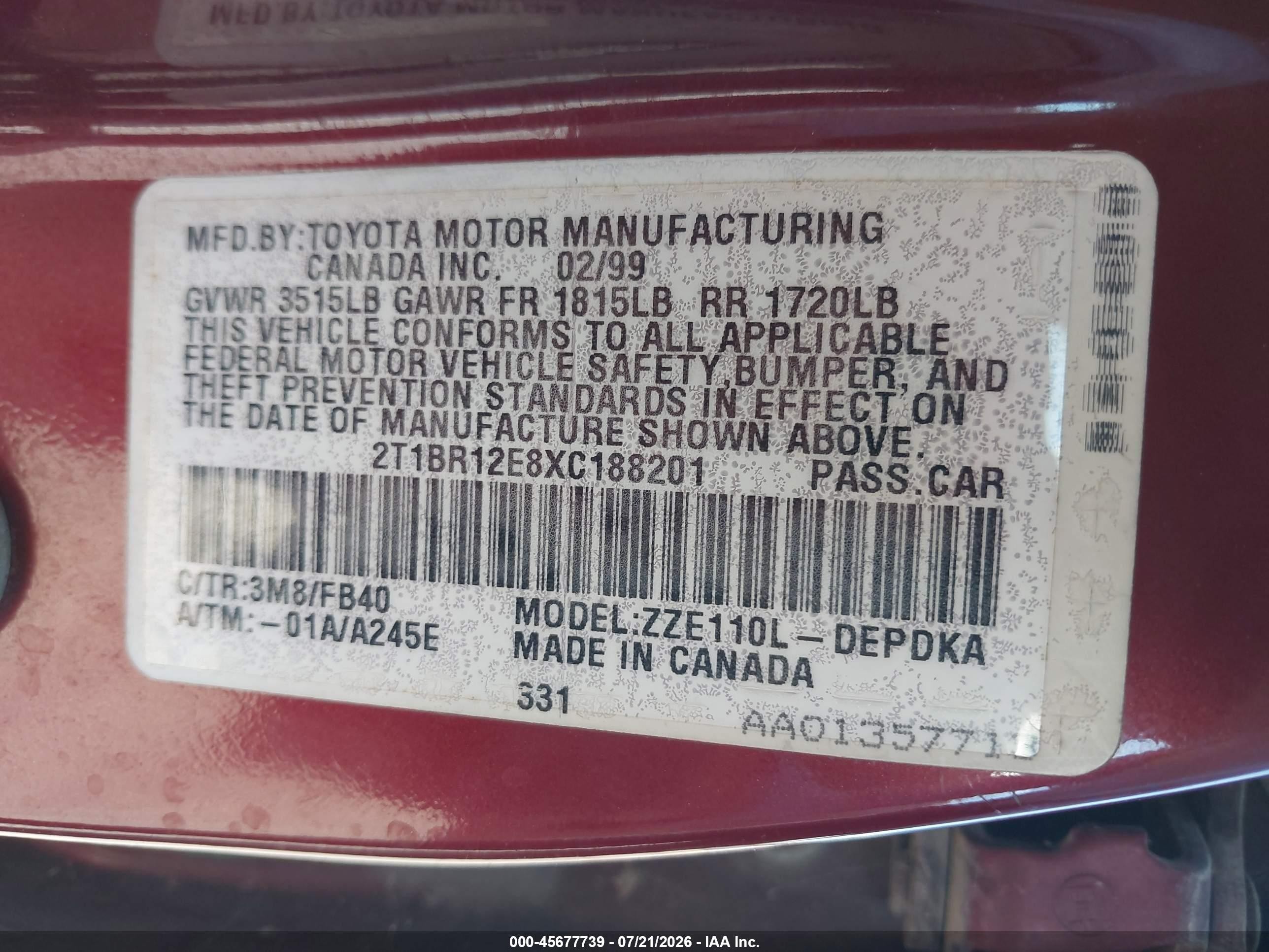 1999 Toyota Corolla Ce Red vin: 2T1BR12E8XC188201
