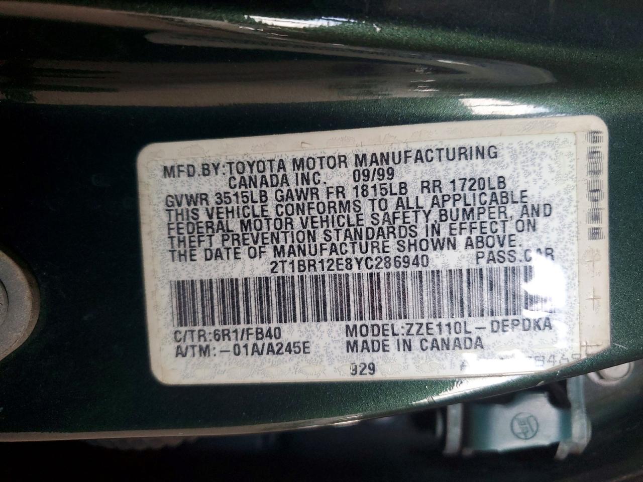 2000 Toyota Corolla Ve Green vin: 2T1BR12E8YC286940