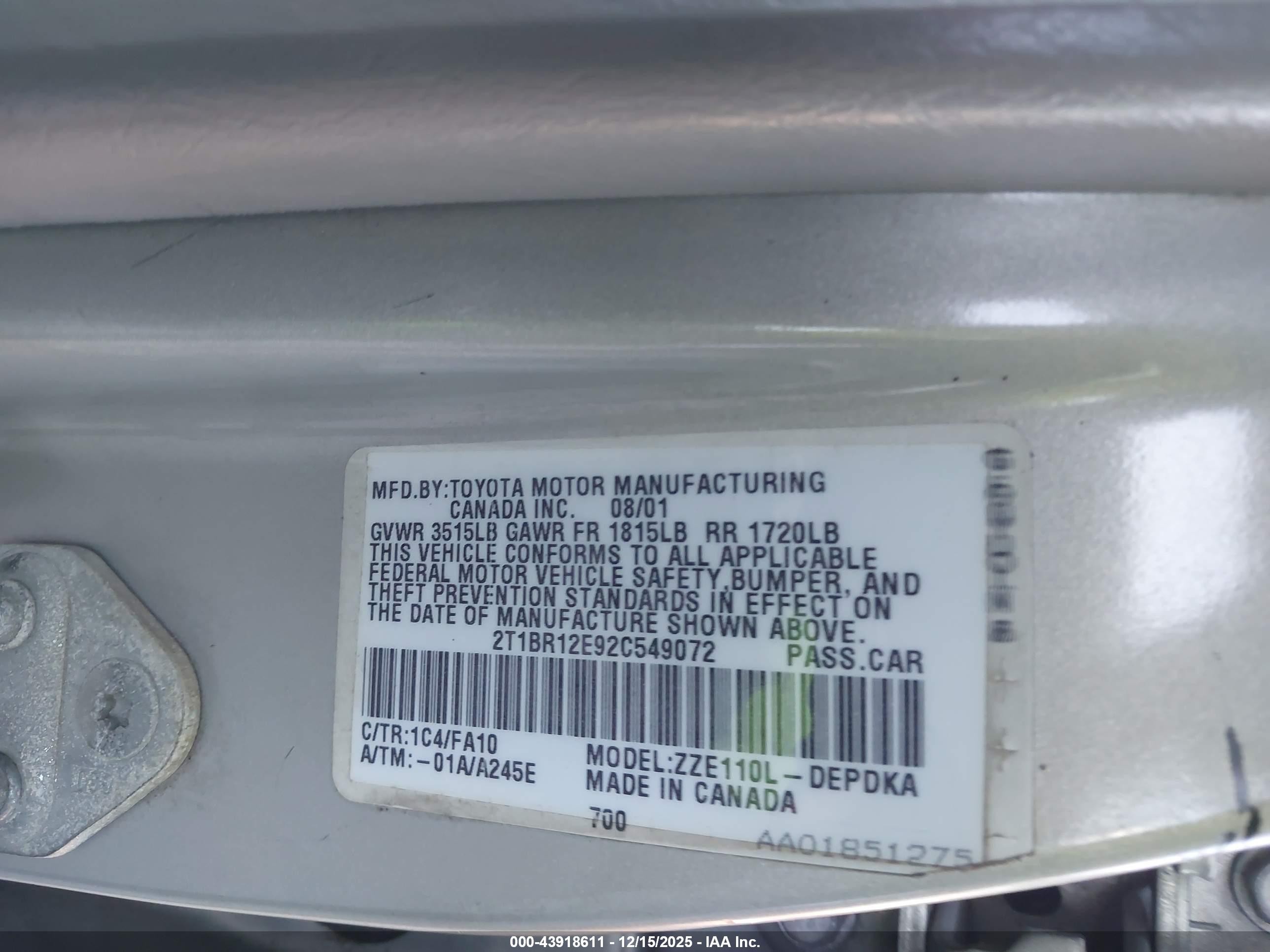 2002 Toyota Corolla Le Серебряный vin: 2T1BR12E92C549072