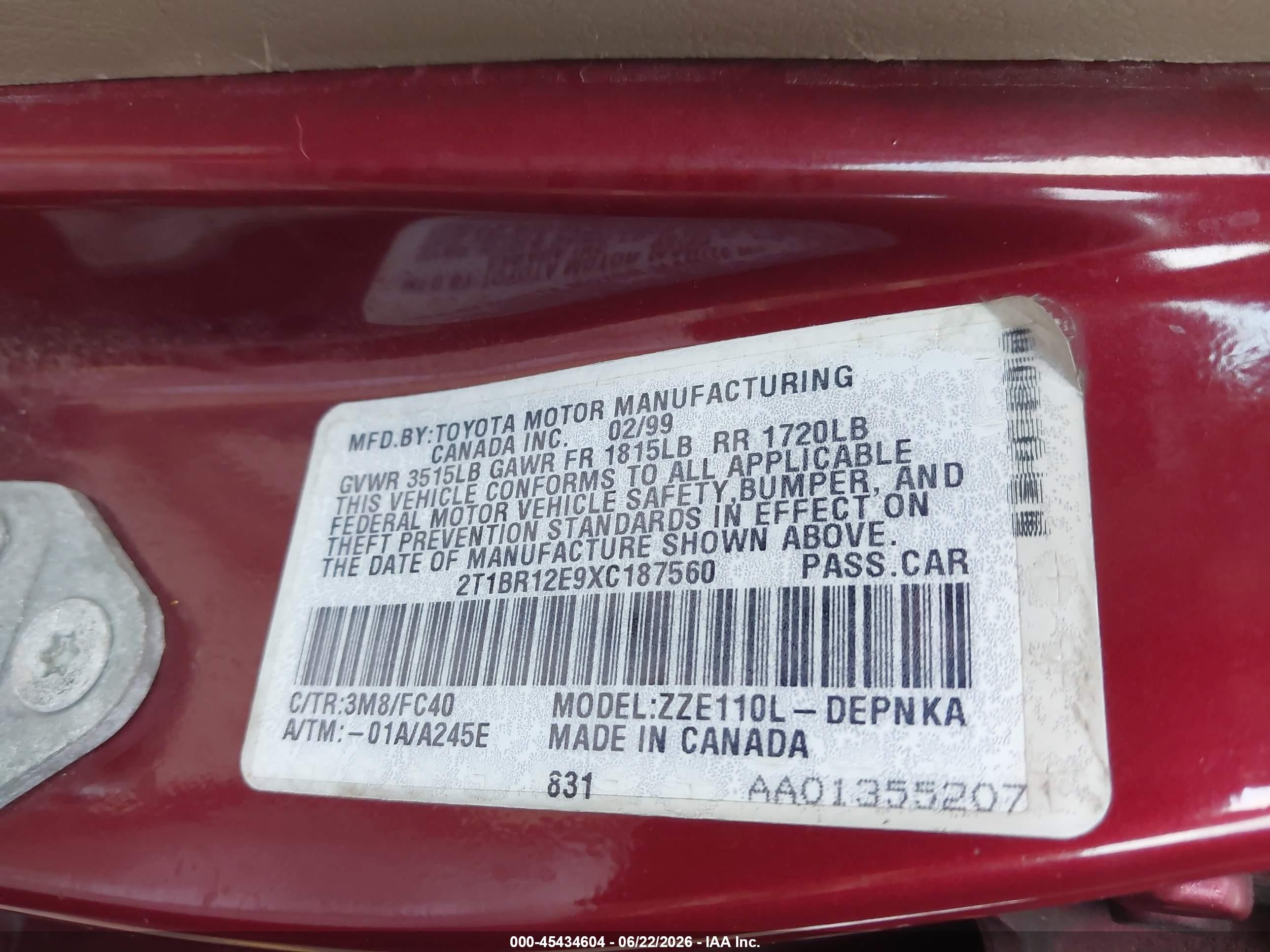 1999 Toyota Corolla Le Red vin: 2T1BR12E9XC187560