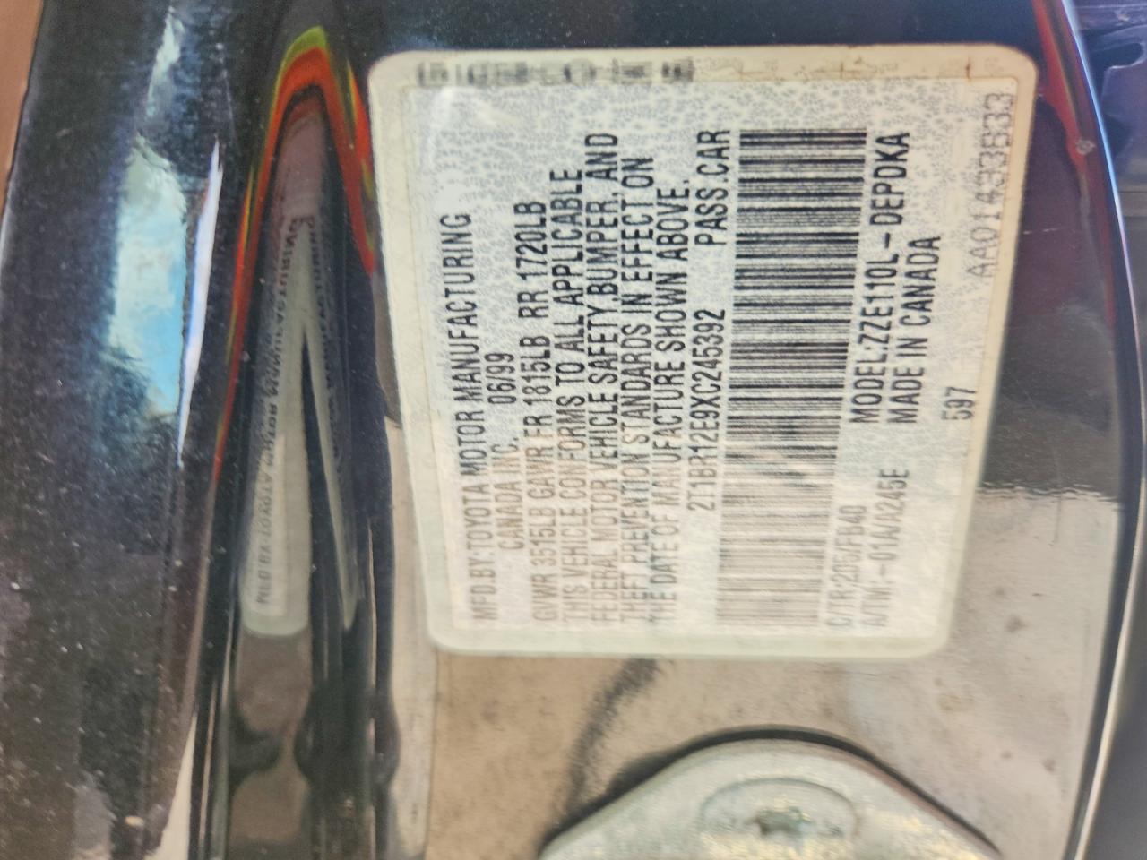 1999 Toyota Corolla Ve Черный vin: 2T1BR12E9XC245392