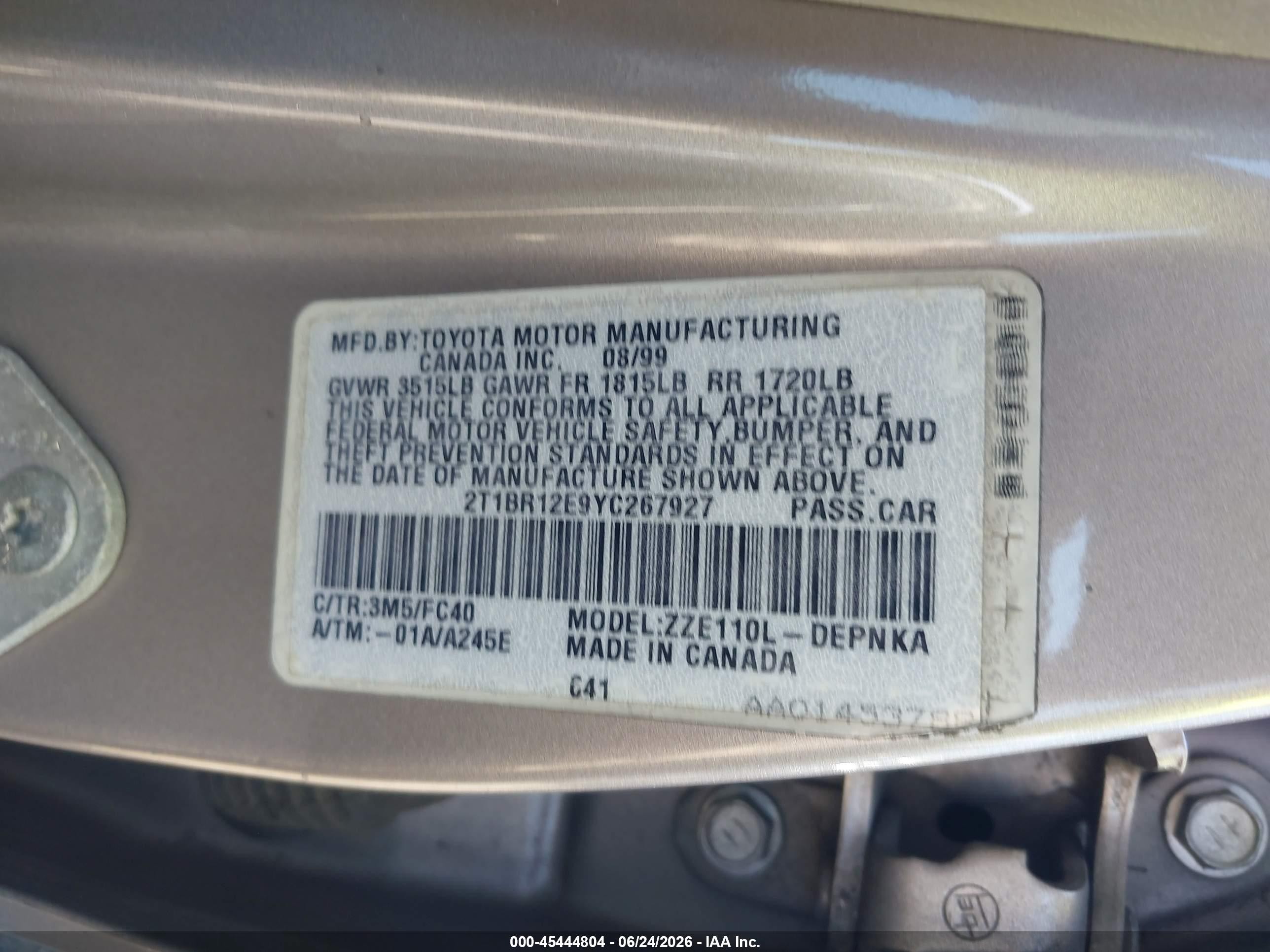 2000 Toyota Corolla Le Beige vin: 2T1BR12E9YC267927