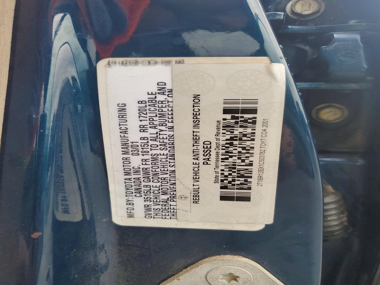 2001 Toyota Corolla Le Blue vin: 2T1BR12EX1C503782