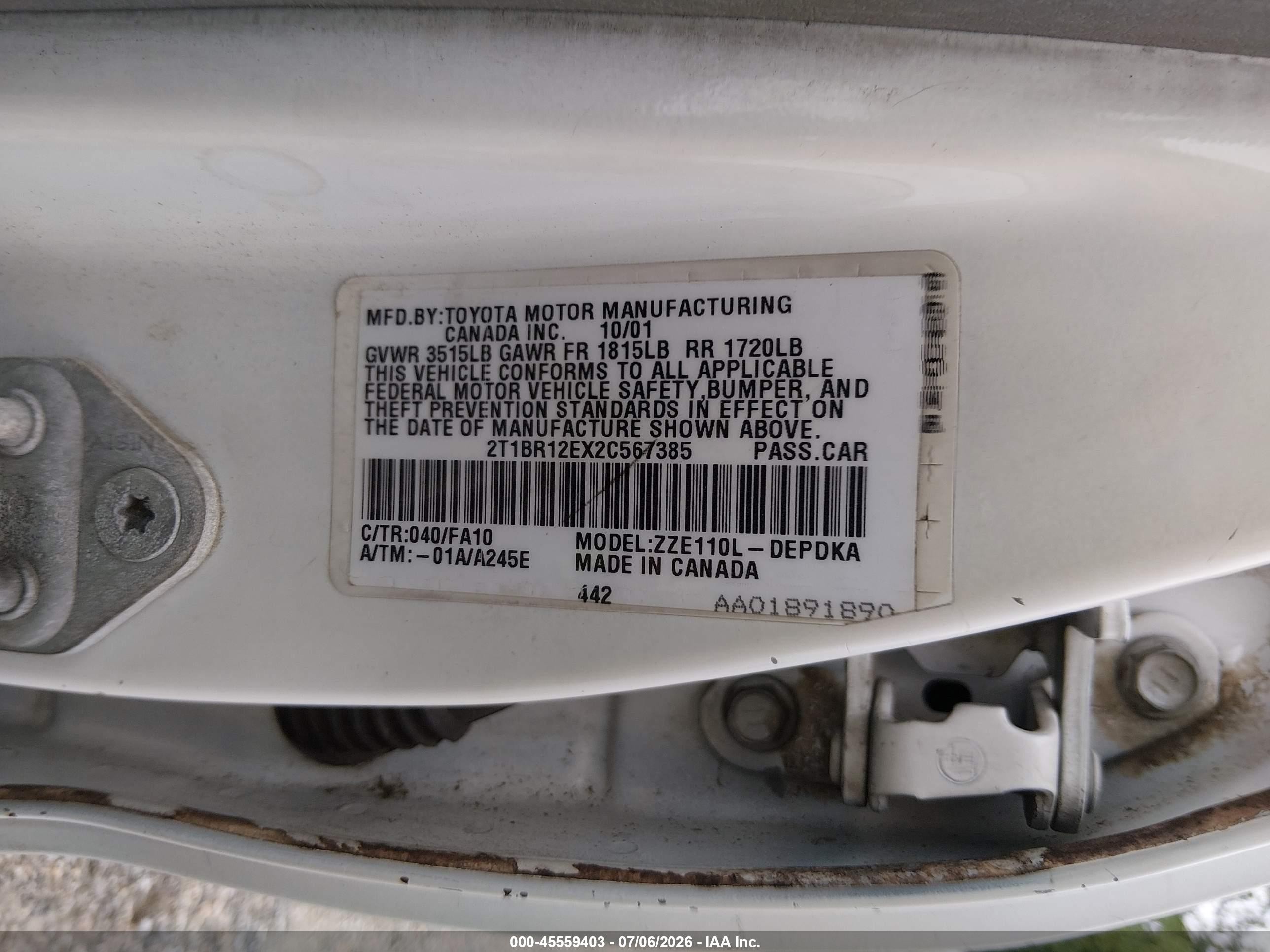 2002 Toyota Corolla Le White vin: 2T1BR12EX2C567385