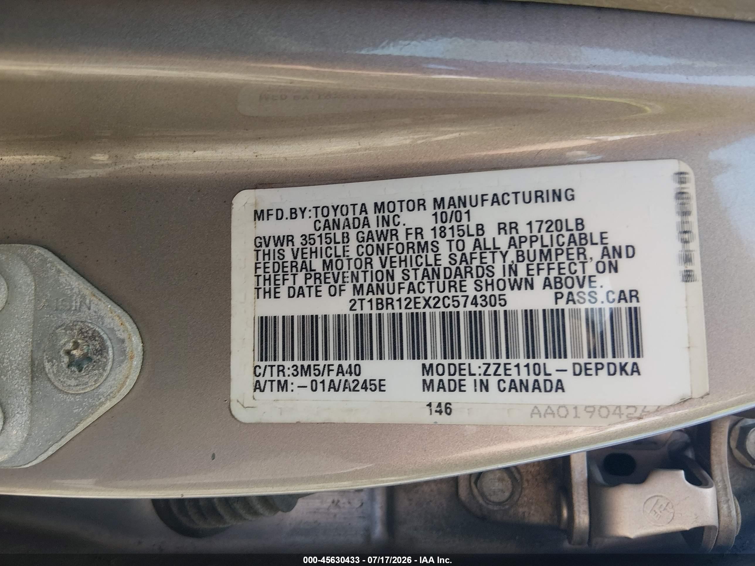 2002 Toyota Corolla Le Beige vin: 2T1BR12EX2C574305