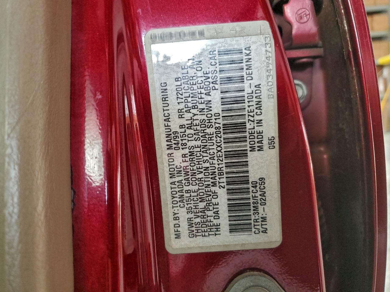 1999 Toyota Corolla Ve Maroon vin: 2T1BR12EXXC208710