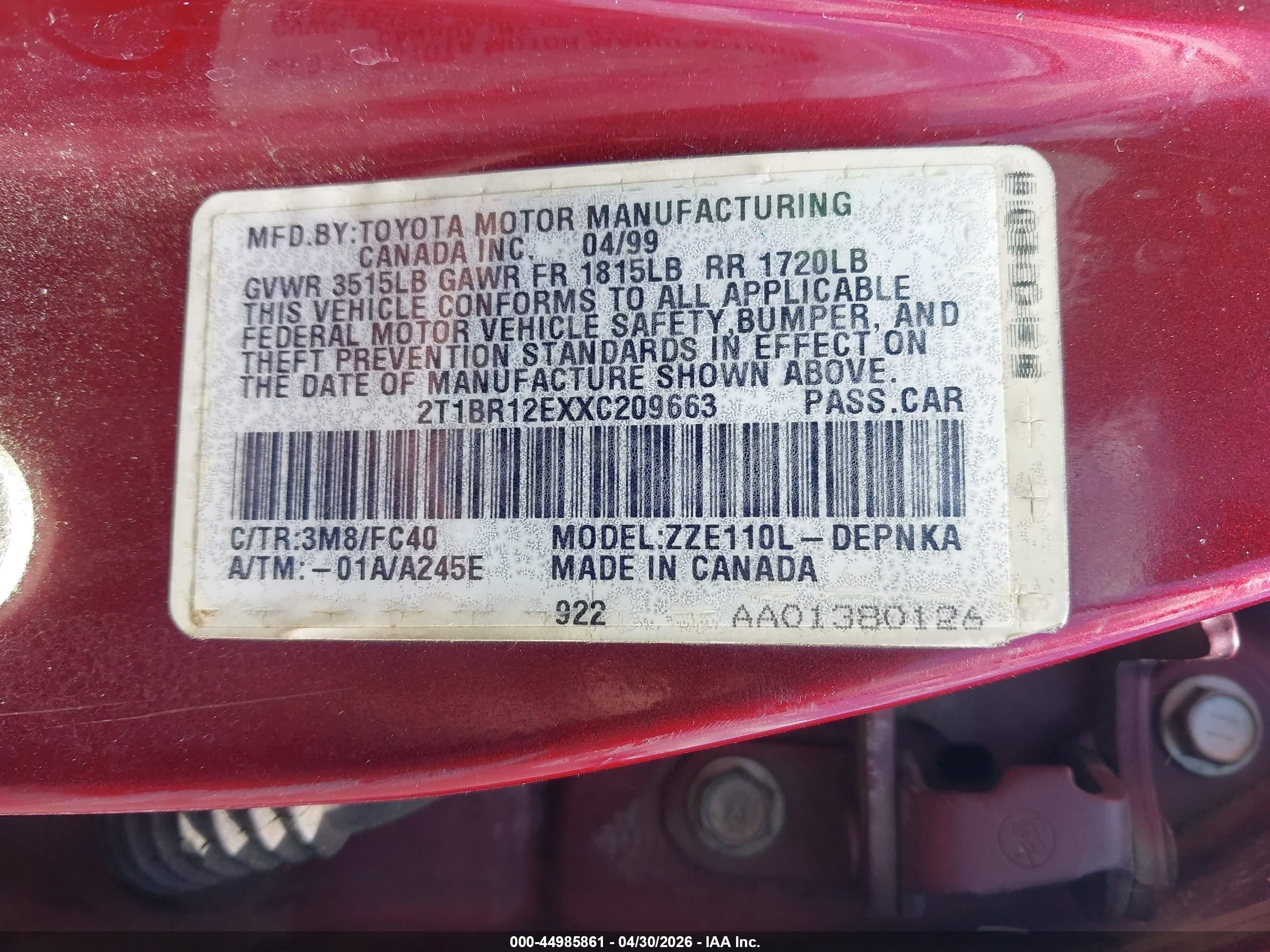1999 Toyota Corolla Le Red vin: 2T1BR12EXXC209663