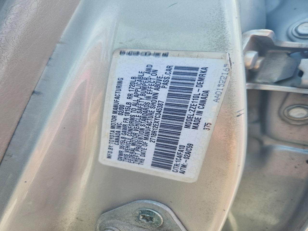 2000 Toyota Corolla Ve Silver vin: 2T1BR12EXYC345387