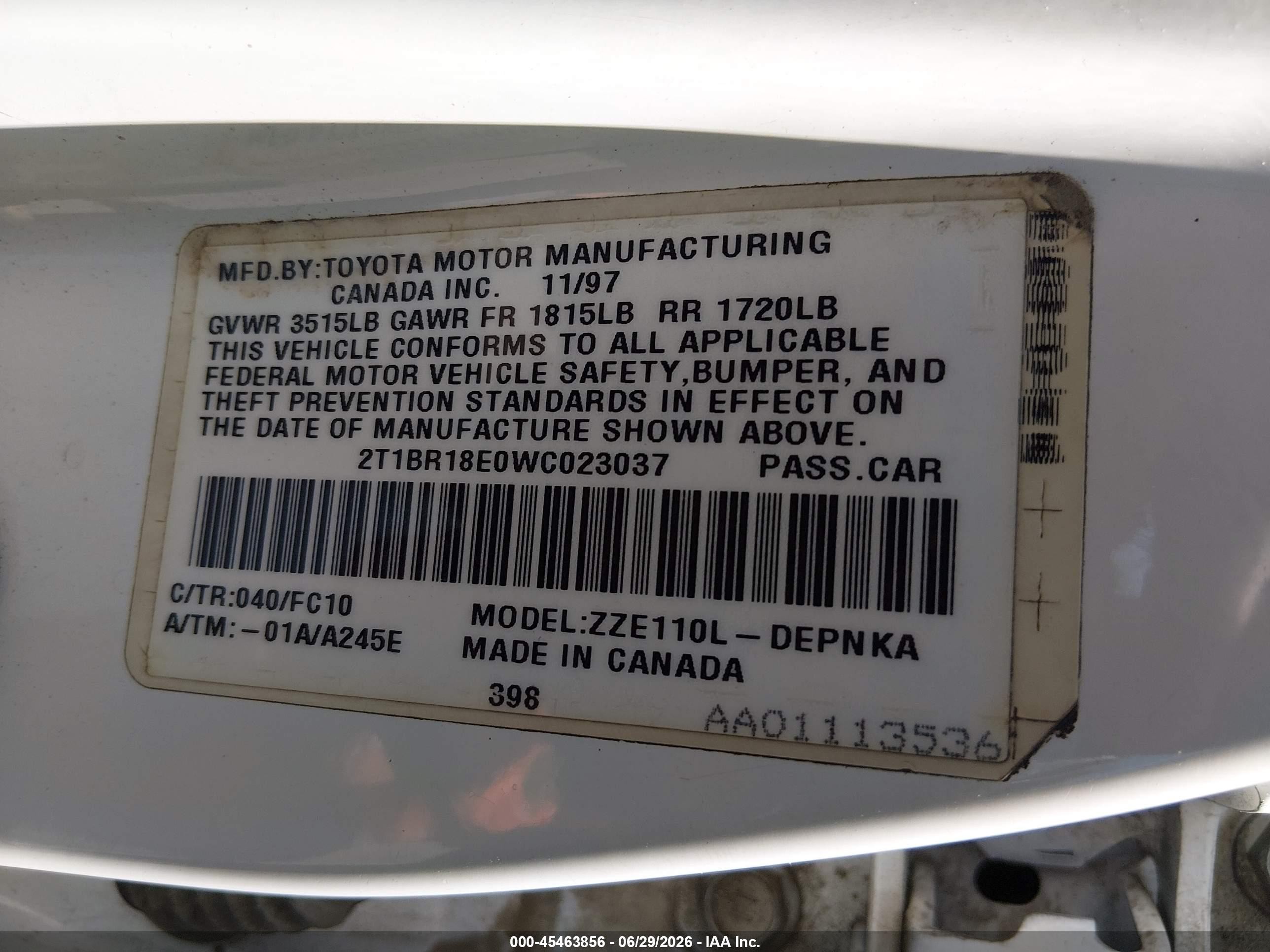 1998 Toyota Corolla Le White vin: 2T1BR18E0WC023037