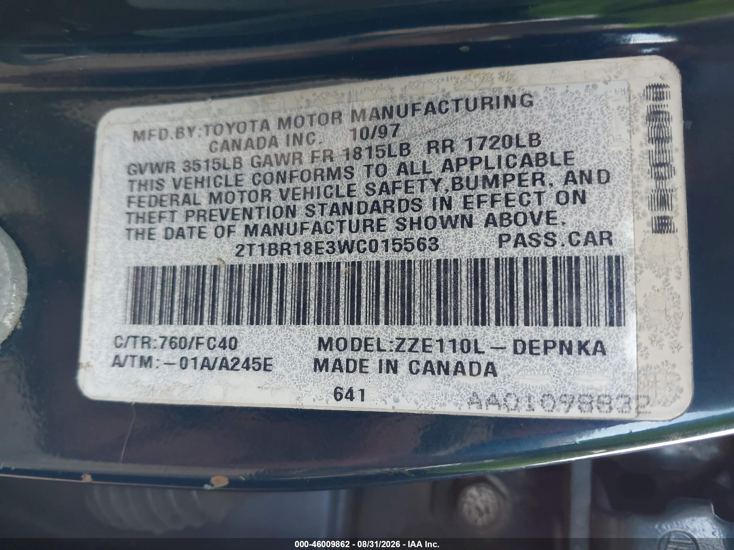 1998 Toyota Corolla Le Teal vin: 2T1BR18E3WC015563