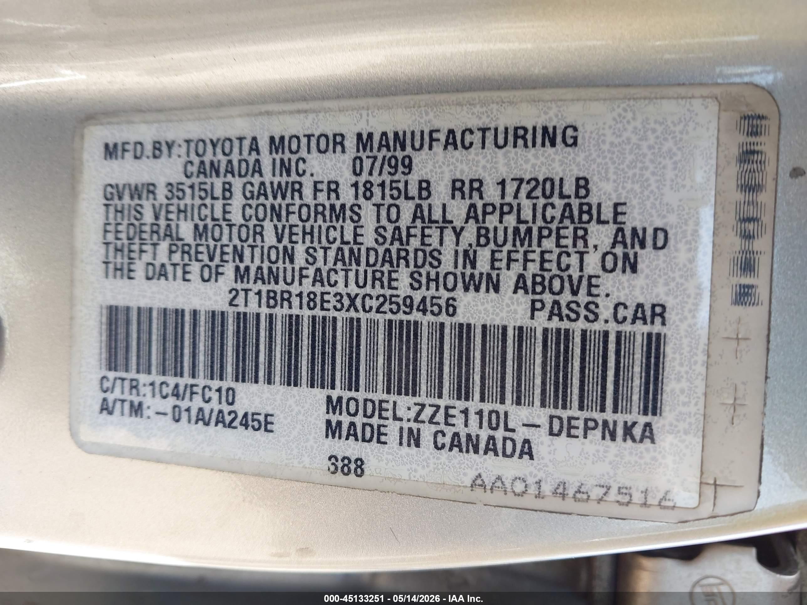 1999 Toyota Corolla Le Silver vin: 2T1BR18E3XC259456