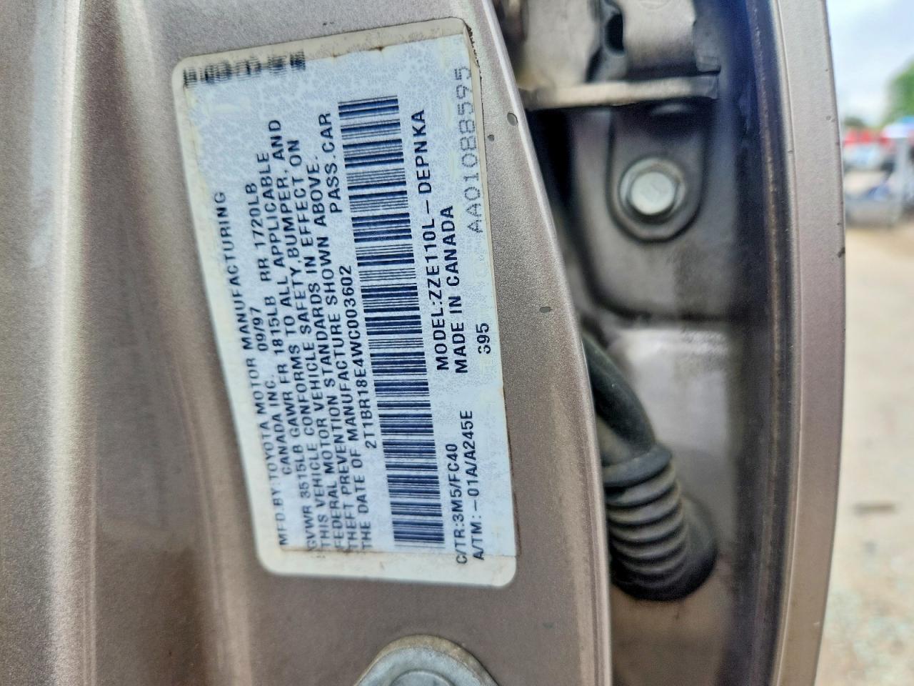 1998 Toyota Corolla Ve Tan vin: 2T1BR18E4WC003602