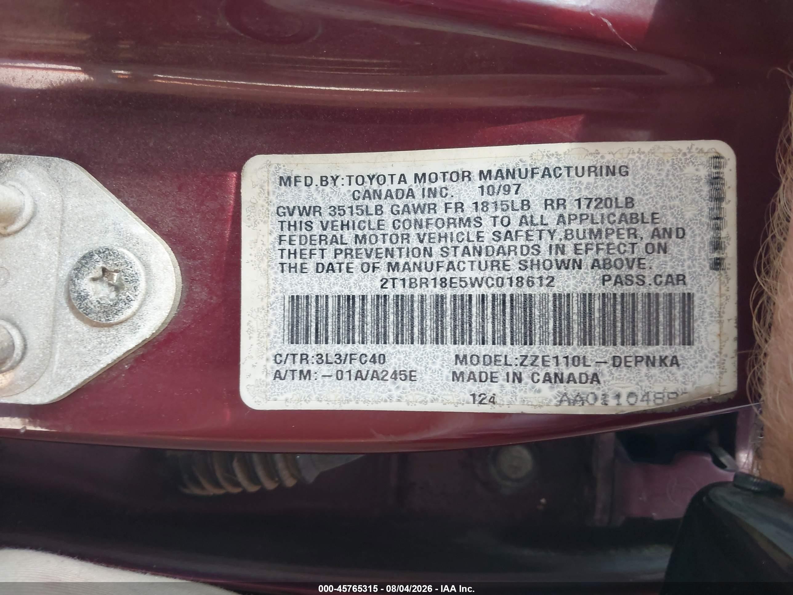 1998 Toyota Corolla Le Burgundy vin: 2T1BR18E5WC018612