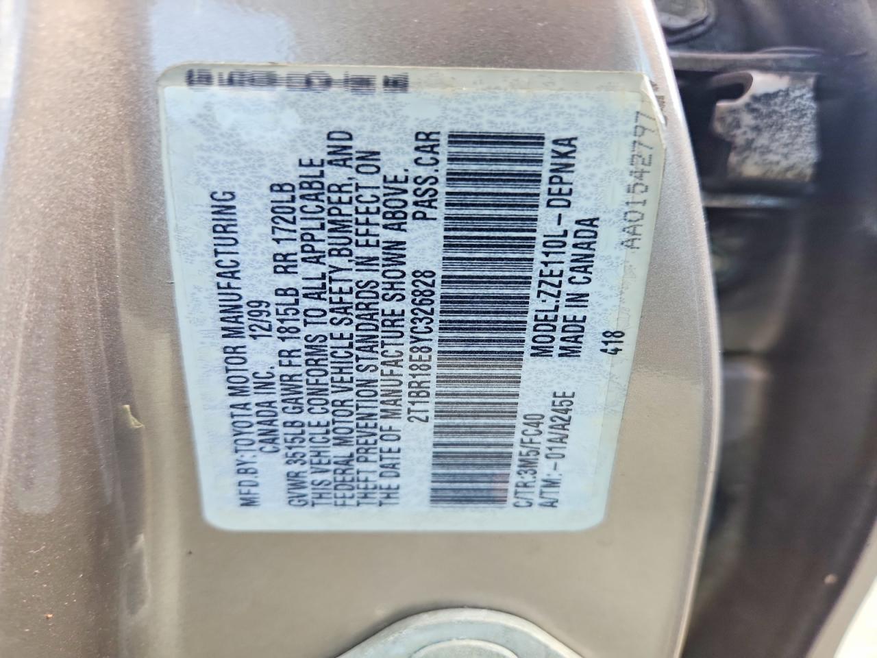2000 Toyota Corolla Ve Silver vin: 2T1BR18E8YC326828