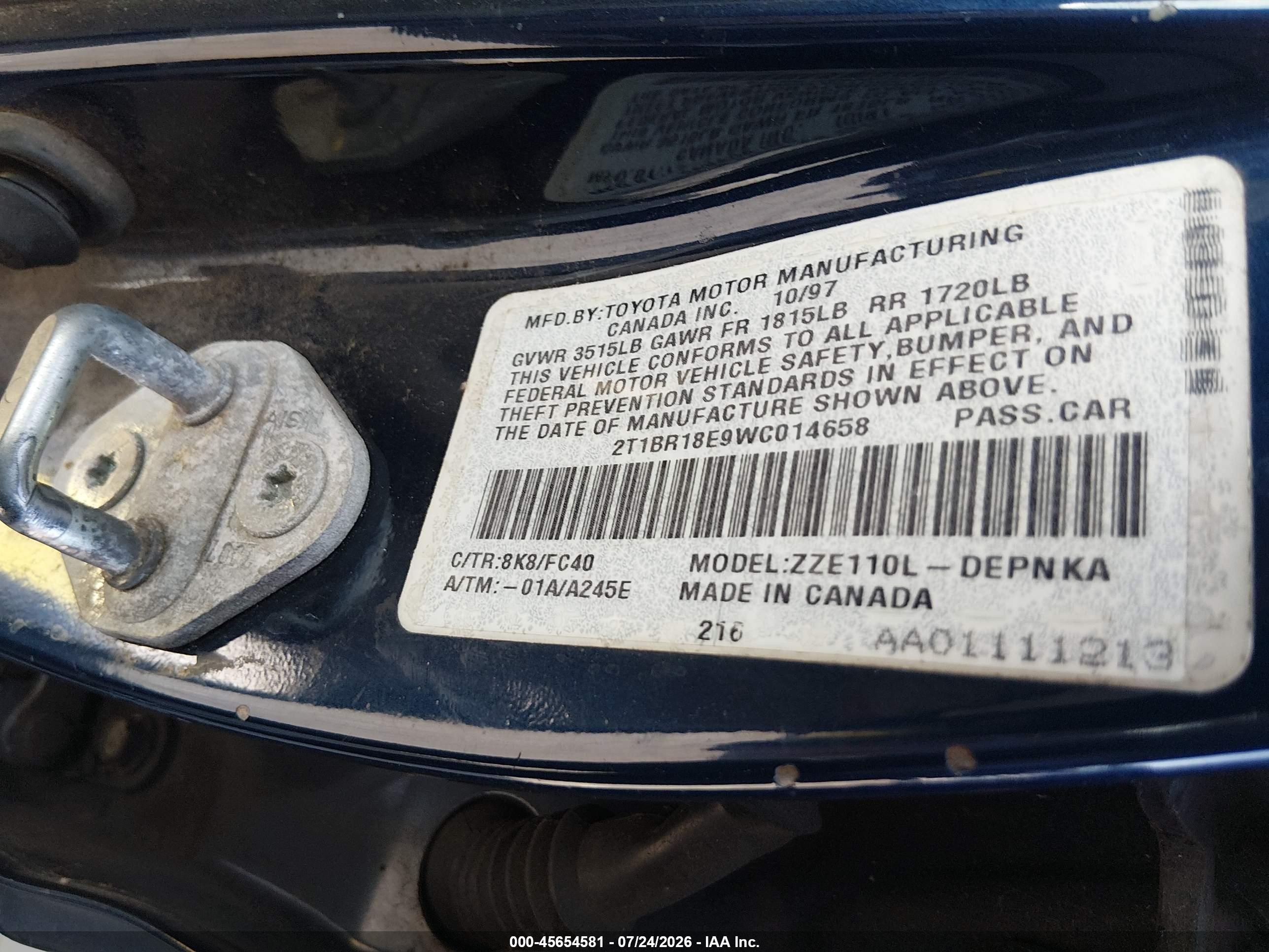 1998 Toyota Corolla Le Blue vin: 2T1BR18E9WC014658