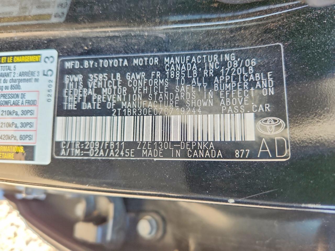 2007 Toyota Corolla Le Black vin: 2T1BR30E07C719244