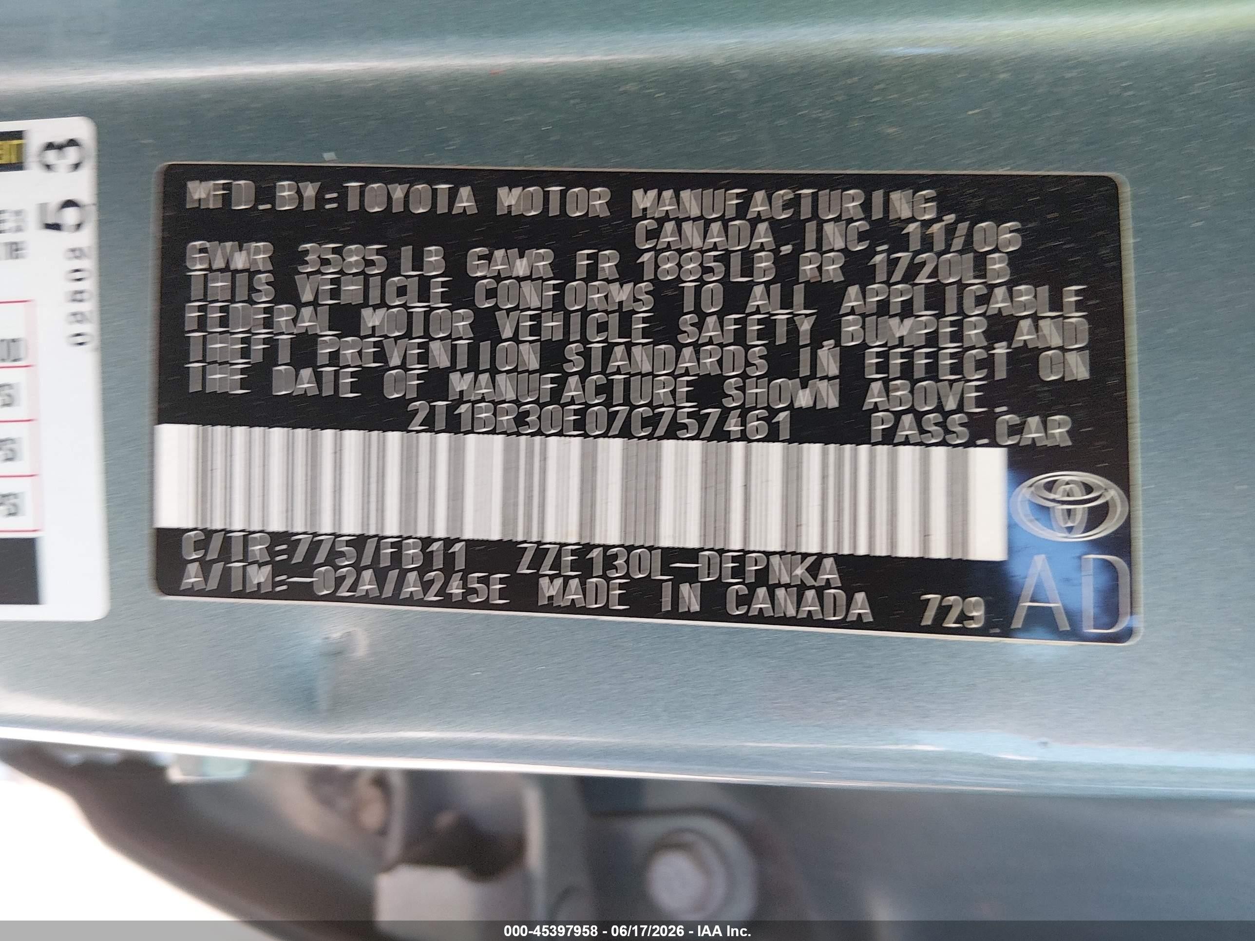 2007 Toyota Corolla Le Green vin: 2T1BR30E07C757461