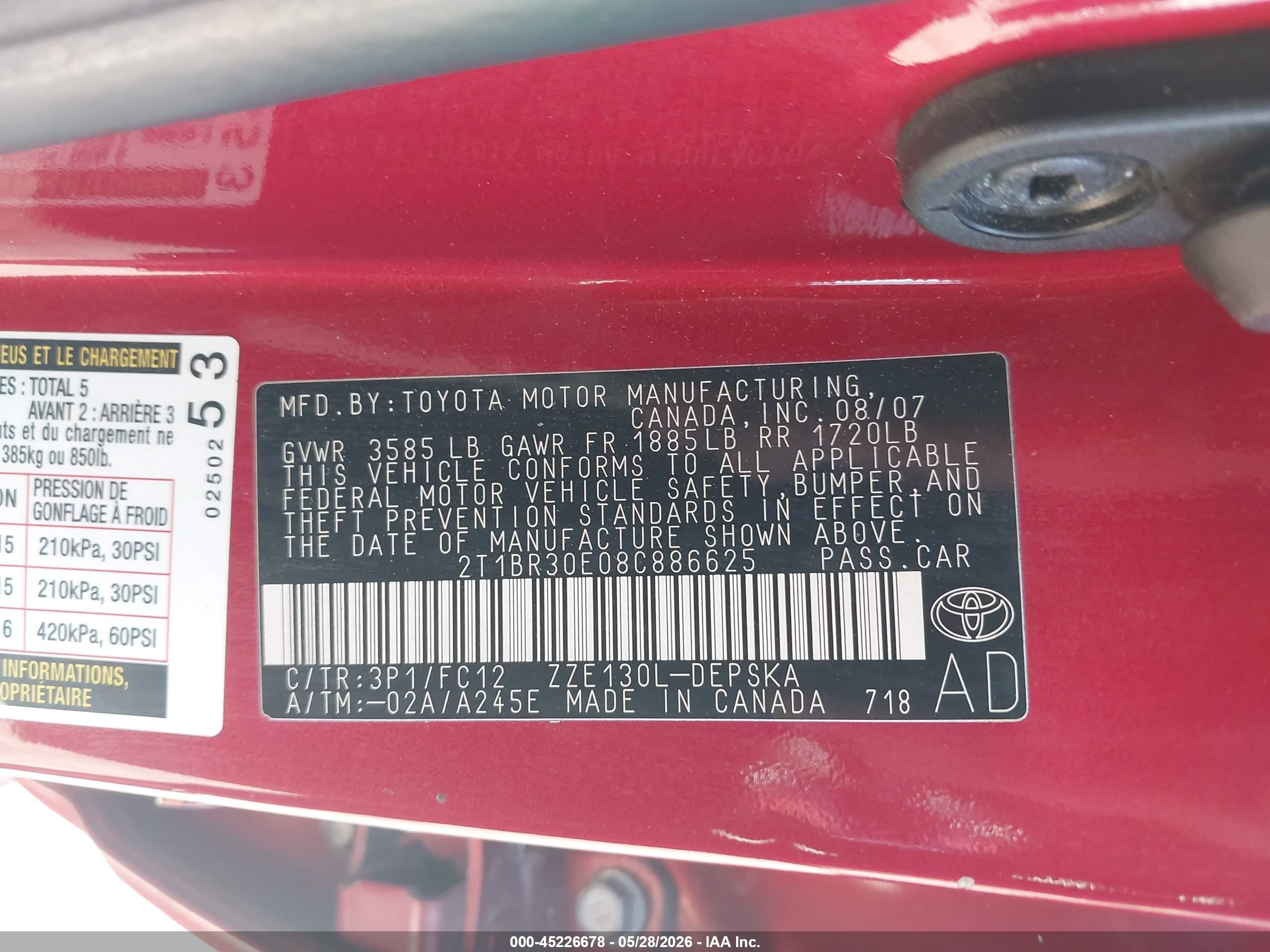 2008 Toyota Corolla S Red vin: 2T1BR30E08C886625