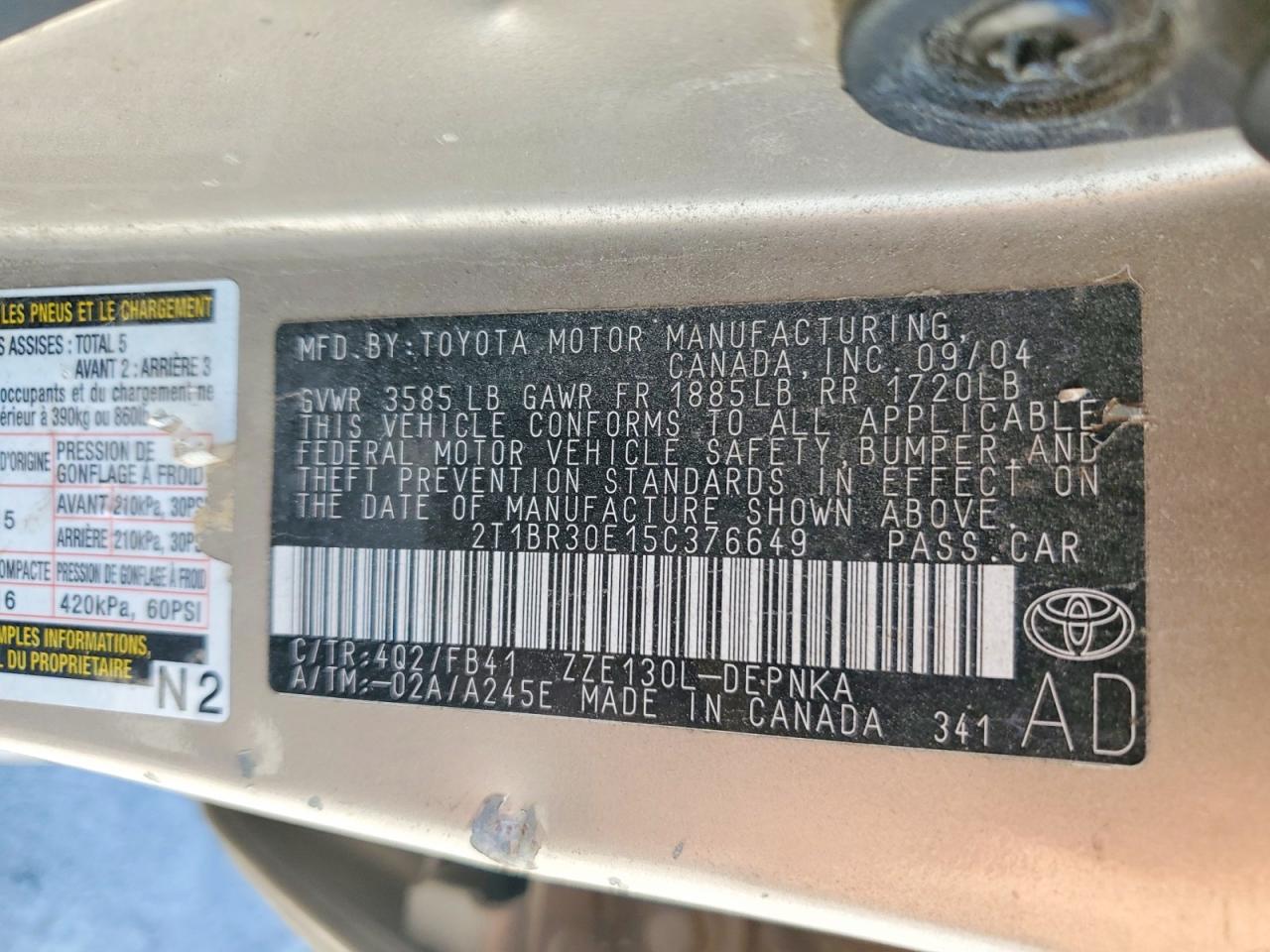 2005 Toyota Corolla Le Tan vin: 2T1BR30E15C376649