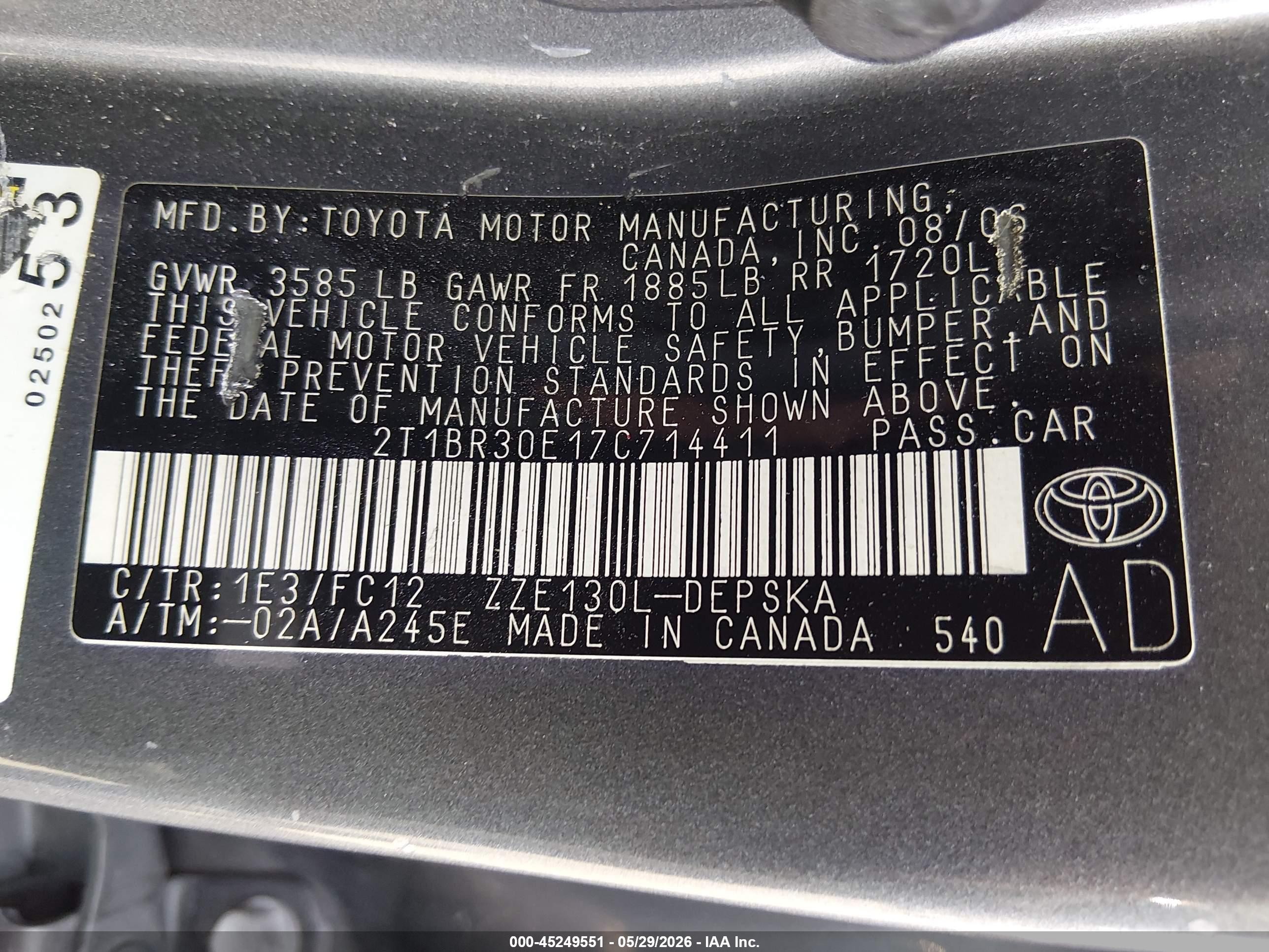 2007 Toyota Corolla S Gray vin: 2T1BR30E17C714411