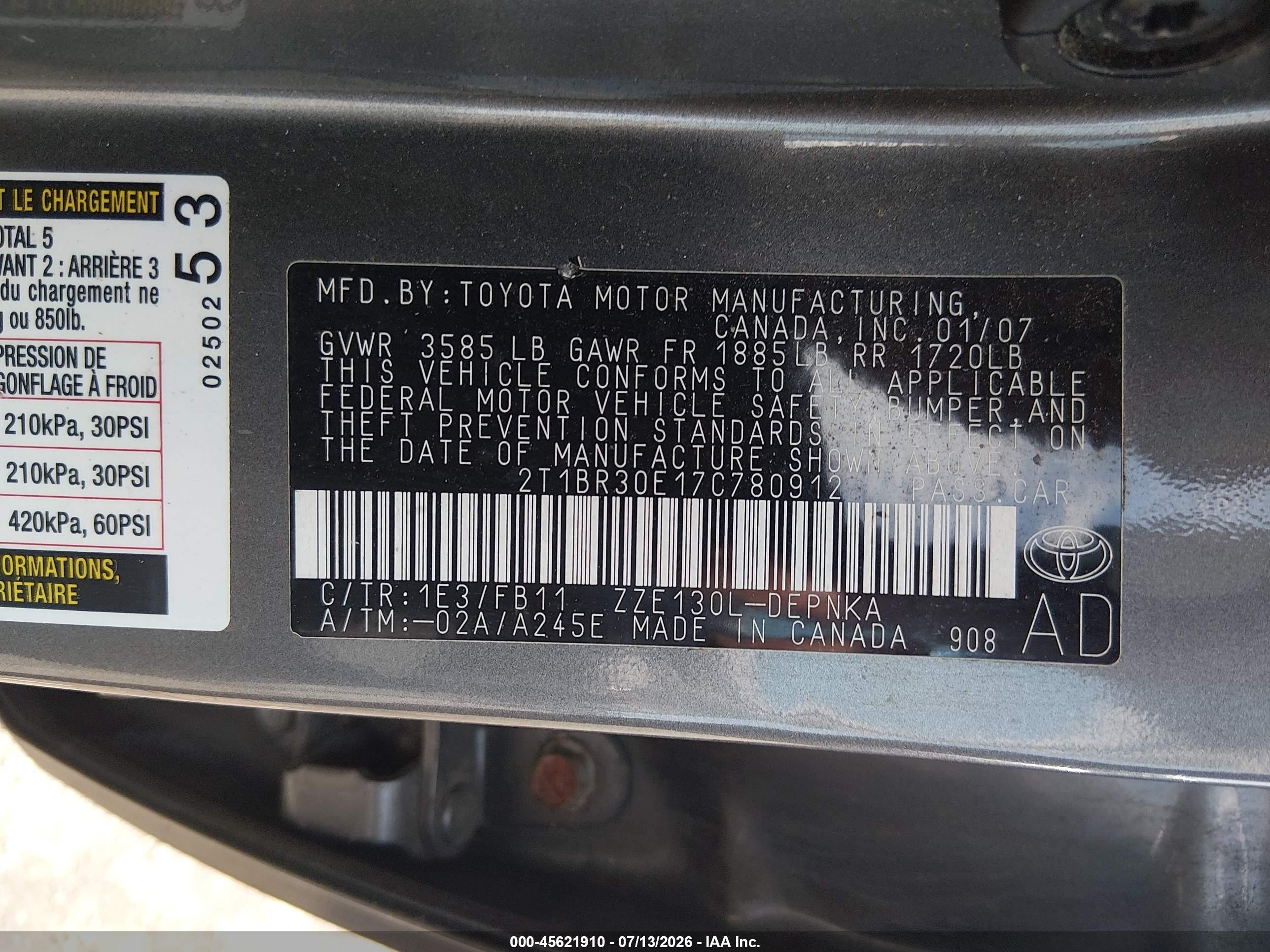 2007 Toyota Corolla Le Gray vin: 2T1BR30E17C780912