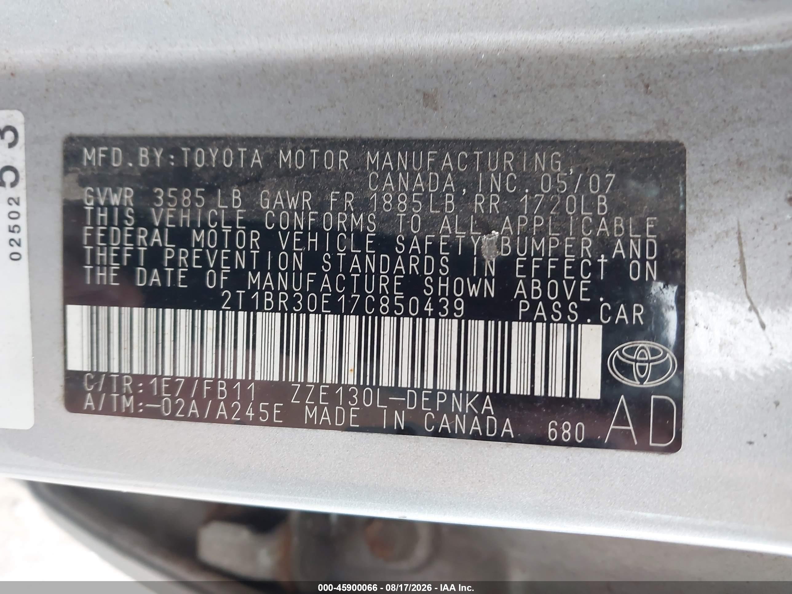 2007 Toyota Corolla Le Silver vin: 2T1BR30E17C850439