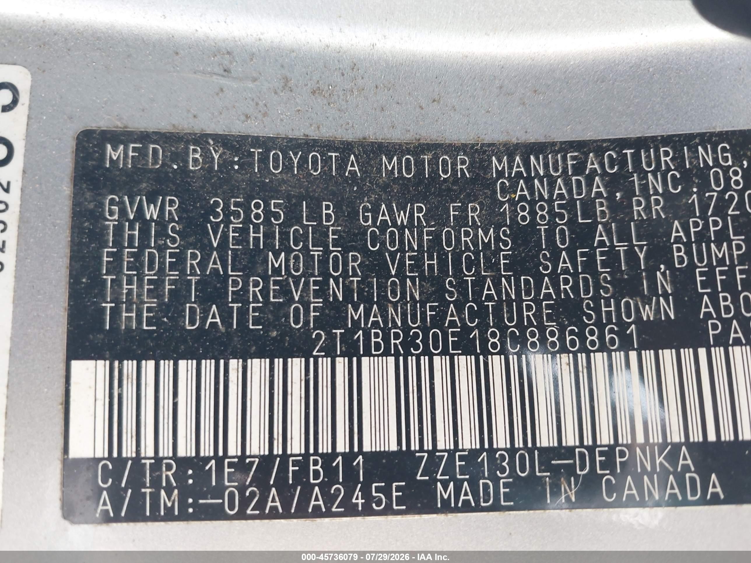 2008 Toyota Corolla Le Silver vin: 2T1BR30E18C886861