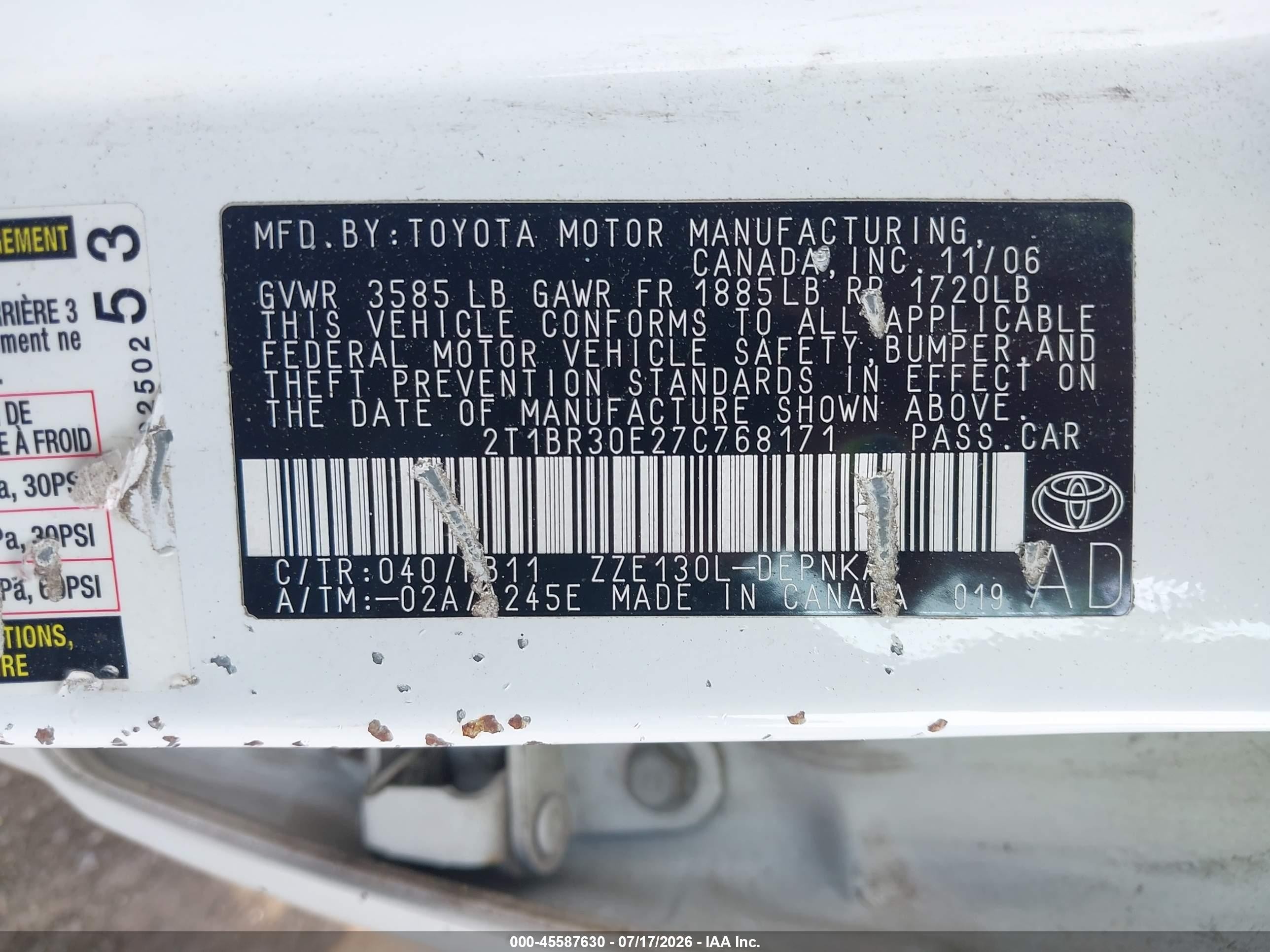 2007 Toyota Corolla Le White vin: 2T1BR30E27C768171