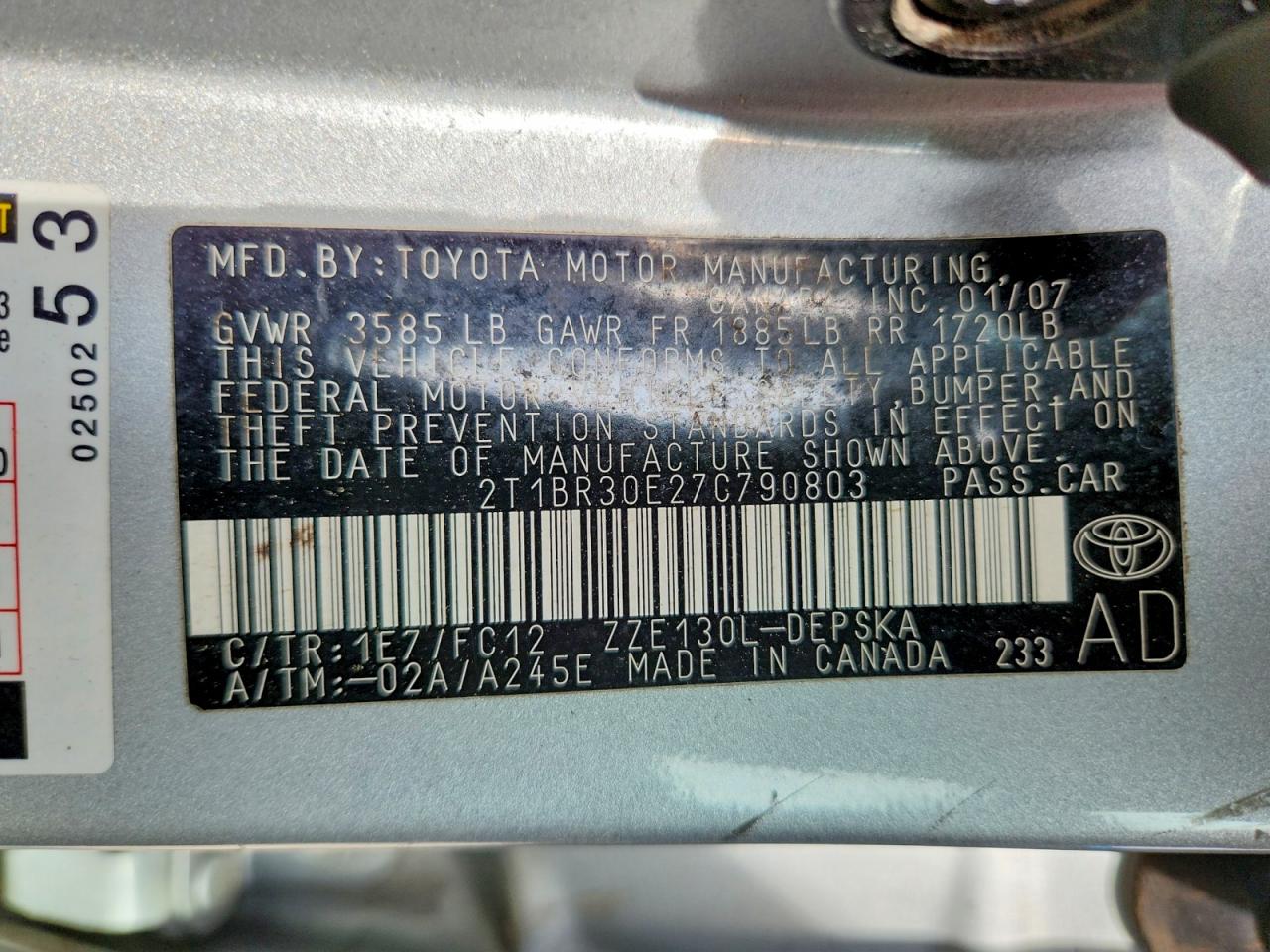 2007 Toyota Corolla S Silver vin: 2T1BR30E27C790803