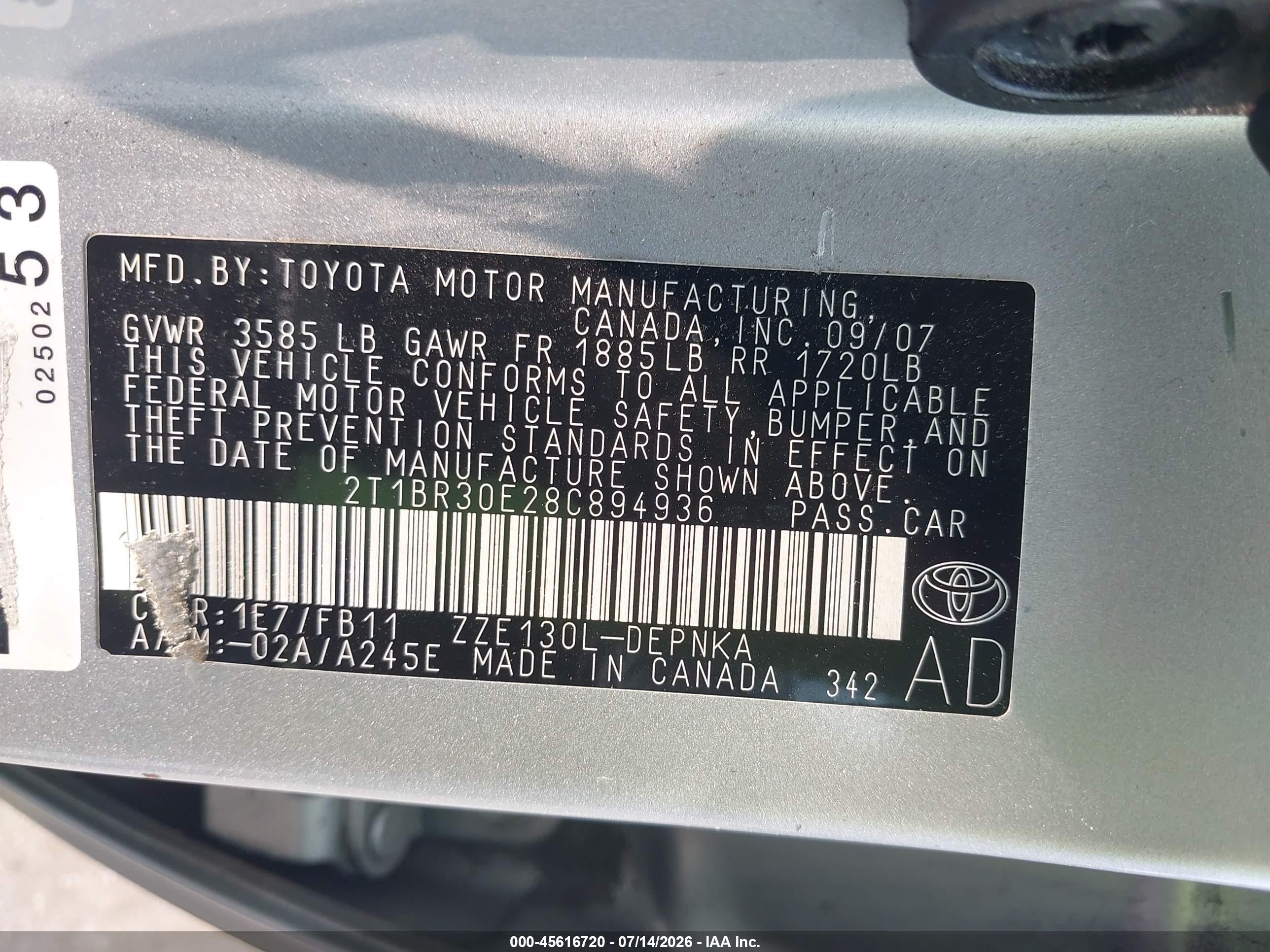 2008 Toyota Corolla Le Silver vin: 2T1BR30E28C894936