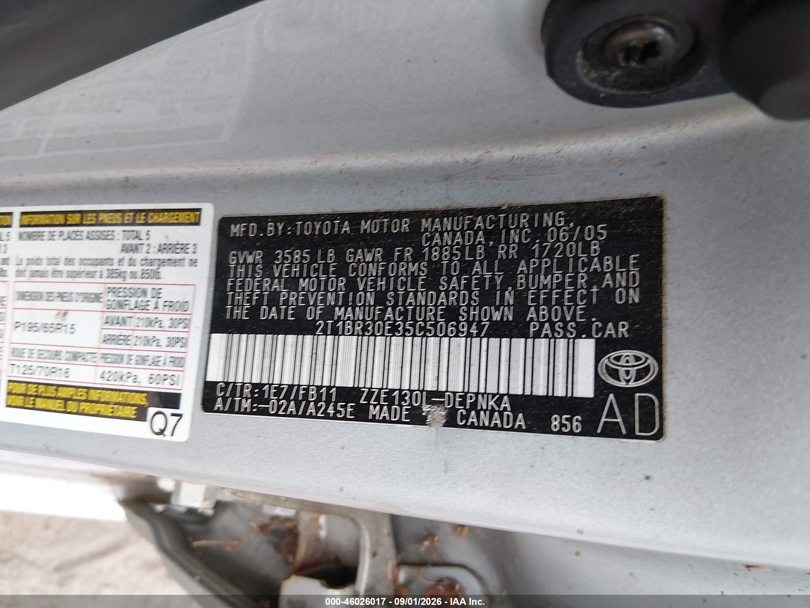 2005 Toyota Corolla Le Silver vin: 2T1BR30E35C506947