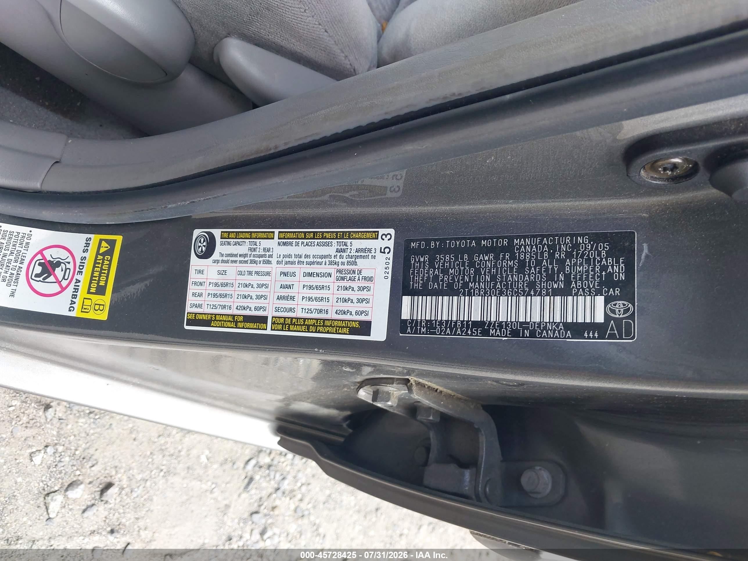 2006 Toyota Corolla Le Gray vin: 2T1BR30E36C574781