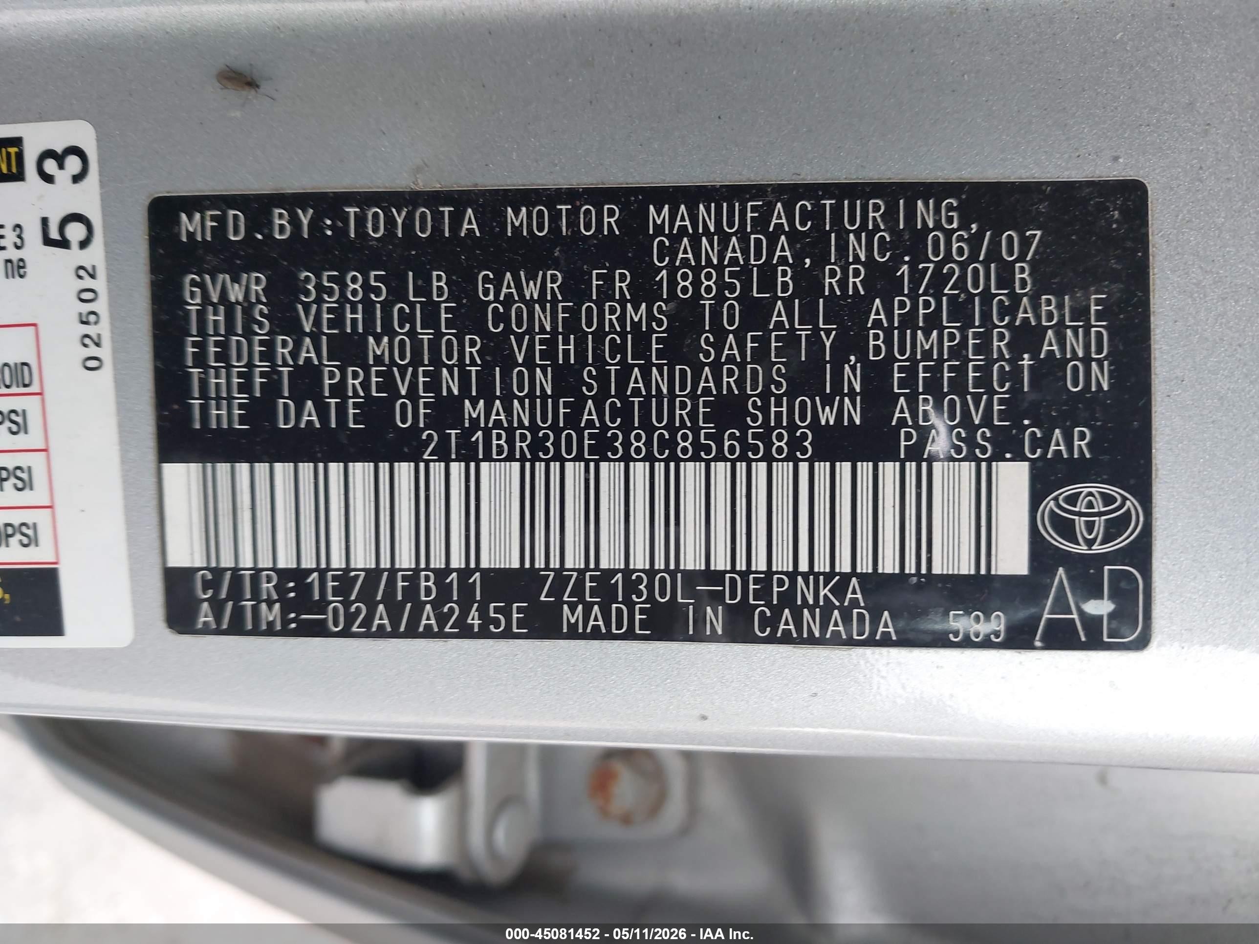 2008 Toyota Corolla Le Silver vin: 2T1BR30E38C856583
