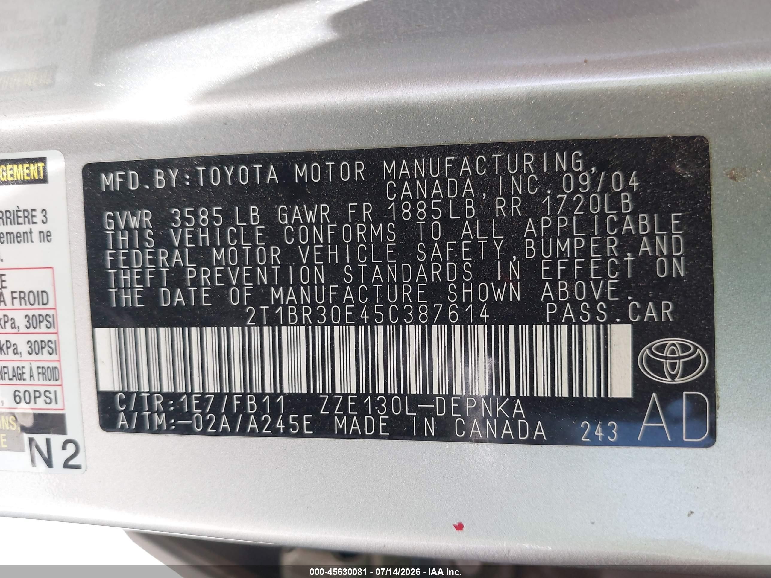 2005 Toyota Corolla Le Silver vin: 2T1BR30E45C387614